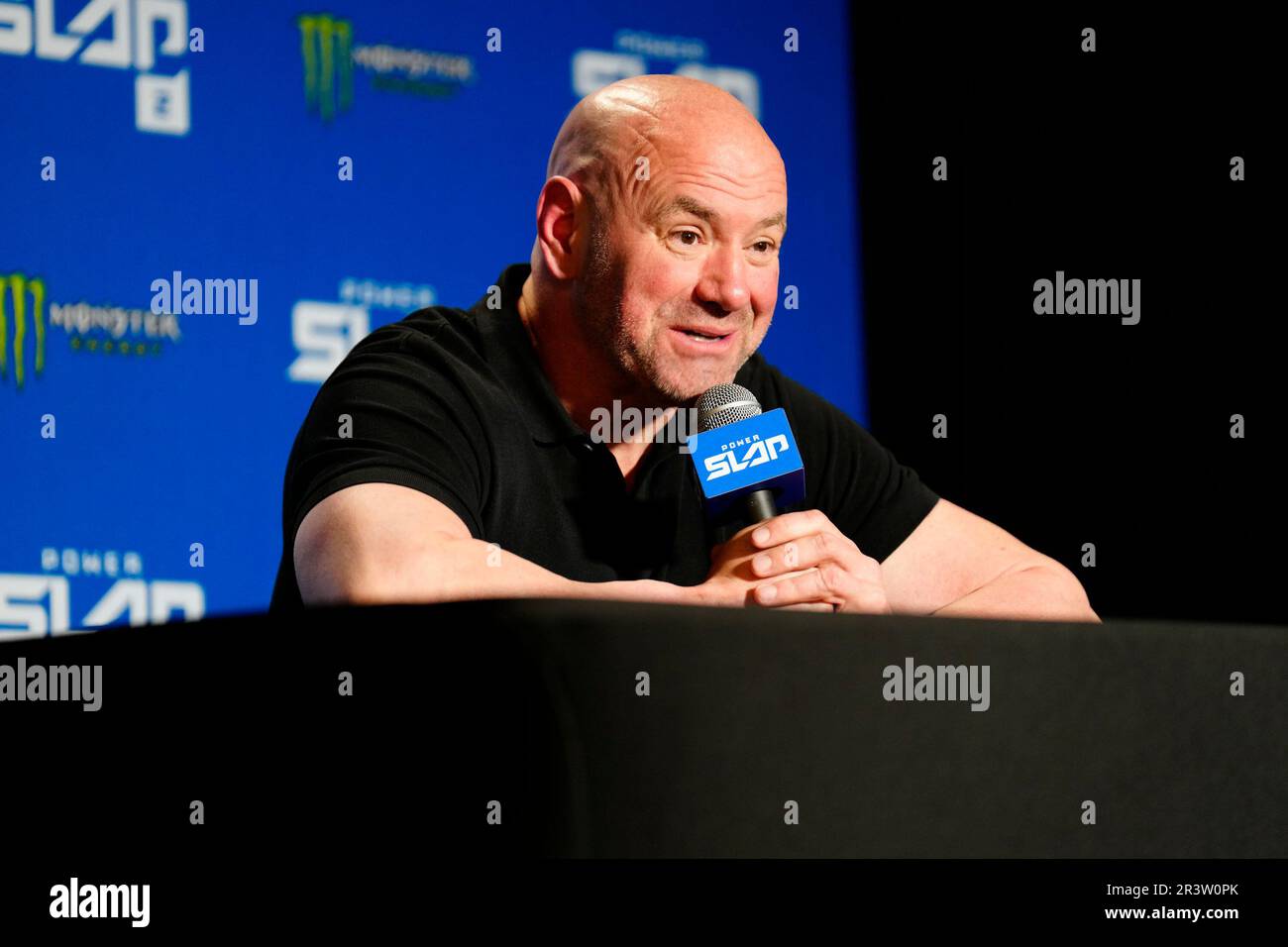May 24, 2023, Las Vegas, NV, LAS VEGAS, NV, United States: LAS VEGAS, NV - MAY 24: Dana White speaks with the press following the event at UFC Apex for Power Slap 2 - Wolverine vs Bell - Event on May 24, 2023 in Las Vegas, NV, United States. (Credit Image: © Louis Grasse/PX Imagens via ZUMA Press Wire) EDITORIAL USAGE ONLY! Not for Commercial USAGE! Stock Photo