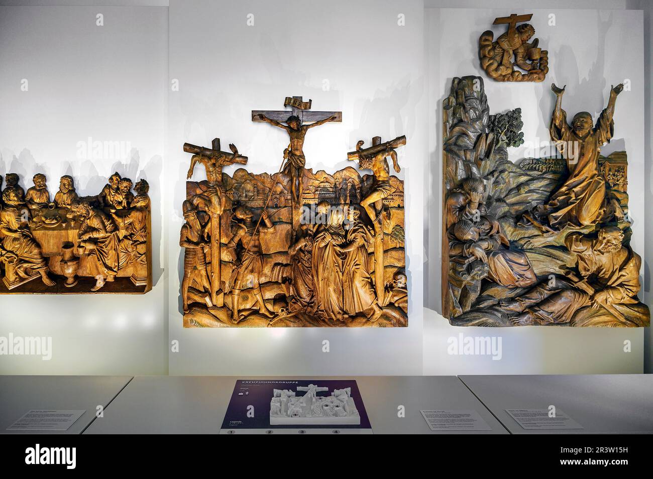 Wooden reliefs, Last Supper, Crucifixion, Scene of the Mount of Olives with chalice and angel, Ottobeuren Monastery, Benedictine Abbey, Allgaeu Stock Photo