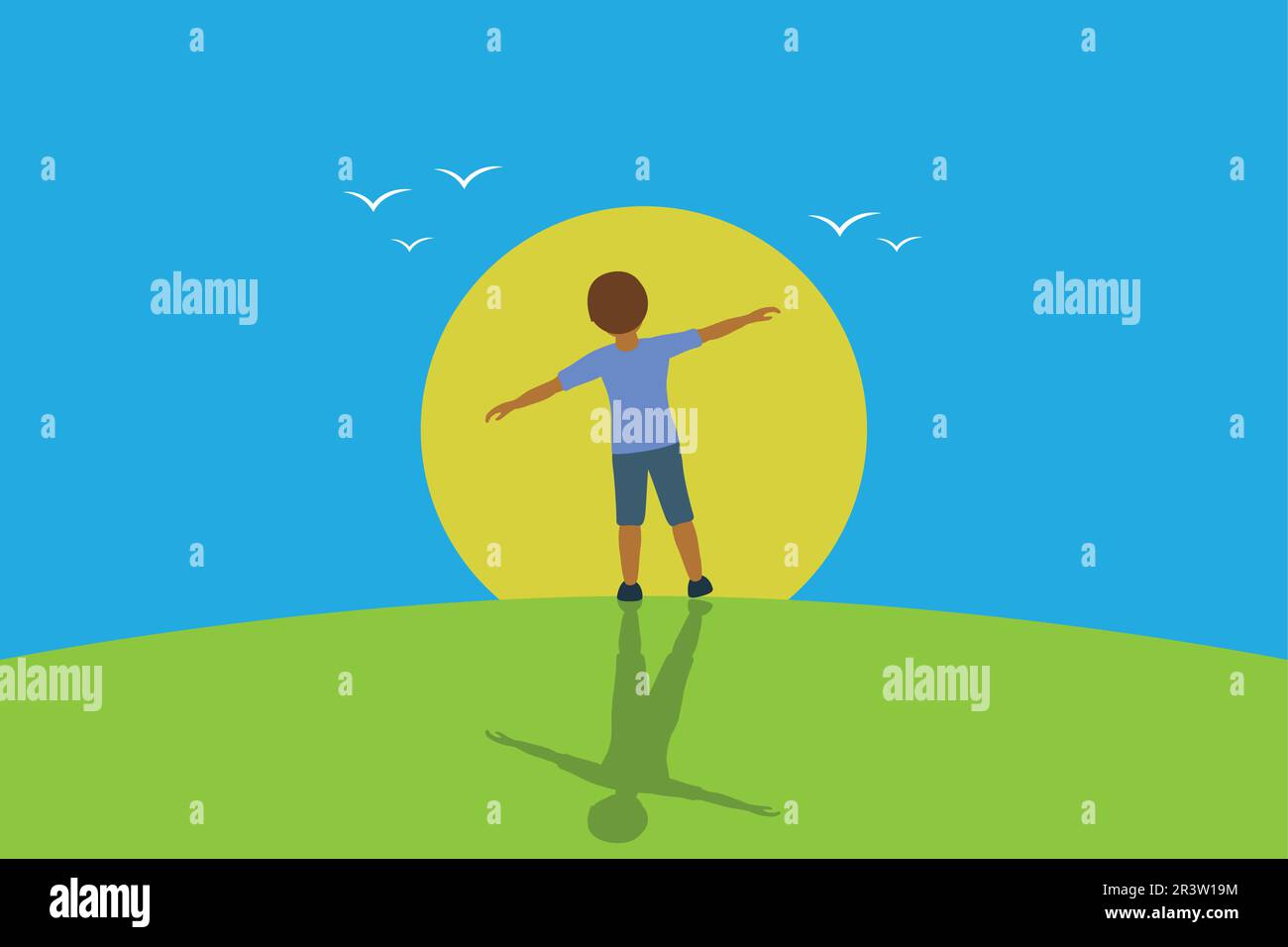 little boy dream about flying with birds in the sky at sunset Stock