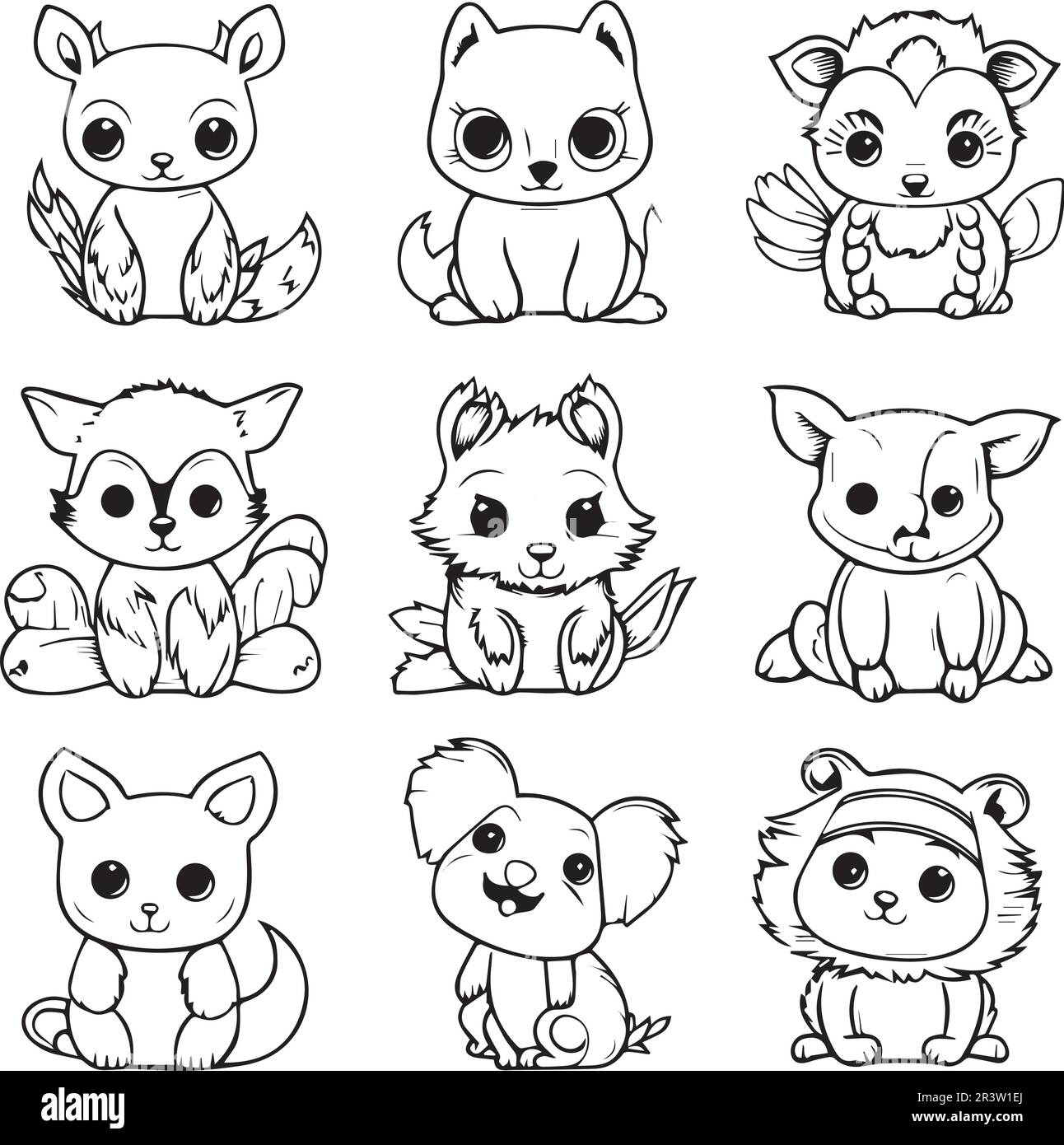 A set of cute animal line art coloring book pages for kids. Stock Vector