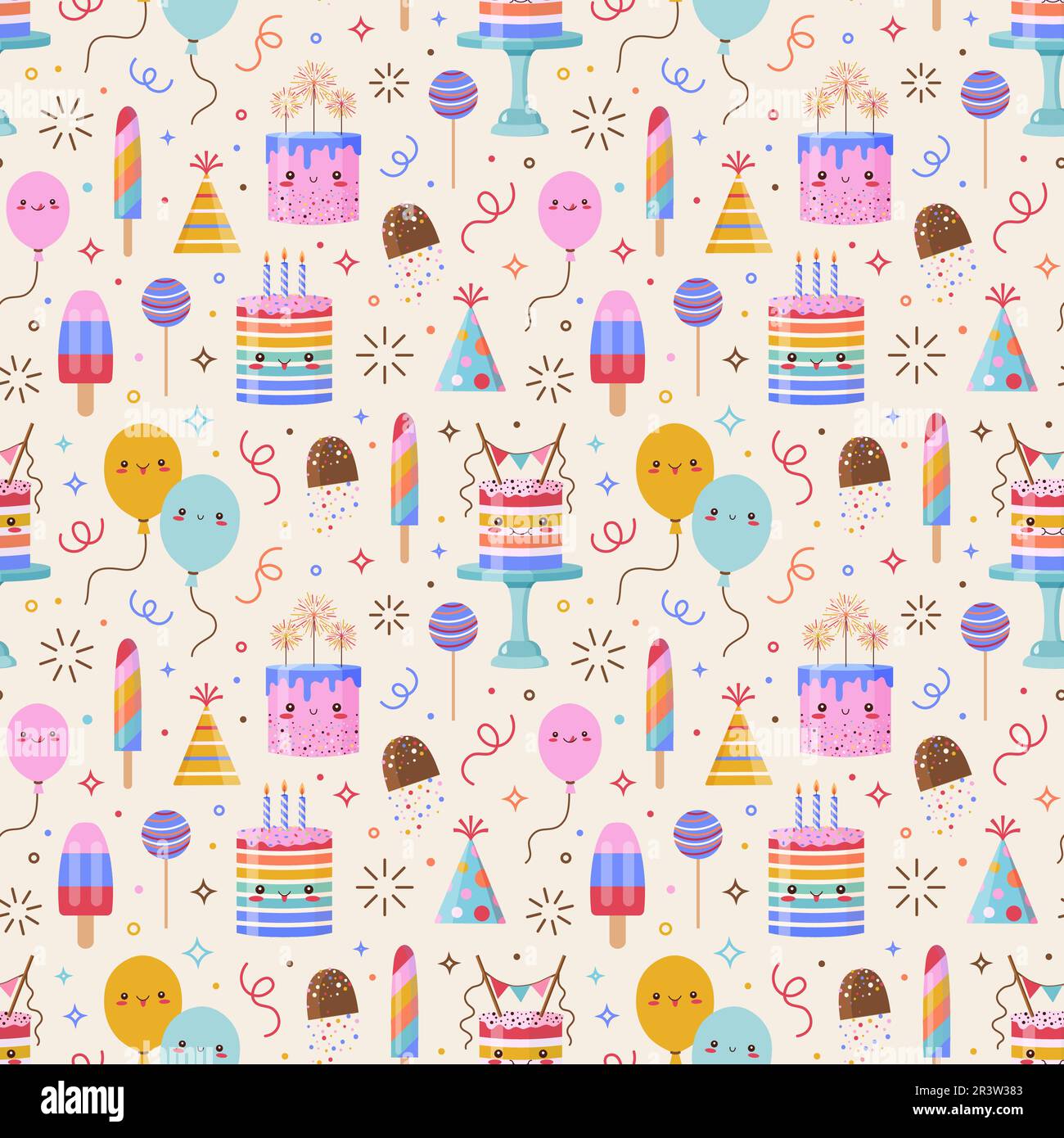 Cute Kawaii Cakes Sweets and Balloons Pattern Stock Vector