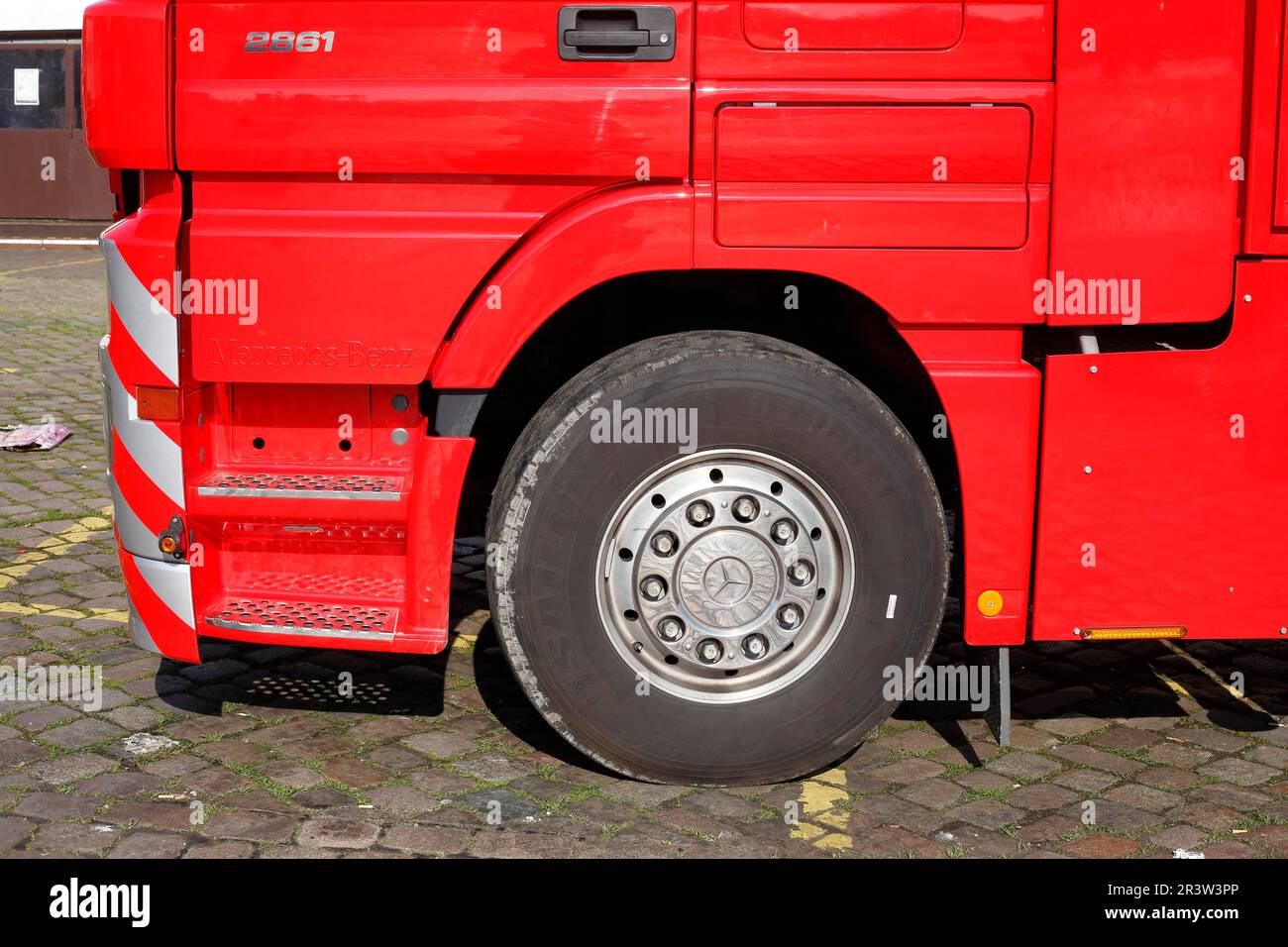 Wheel and tyre on a red Mercedes truck, Germany Stock Photo