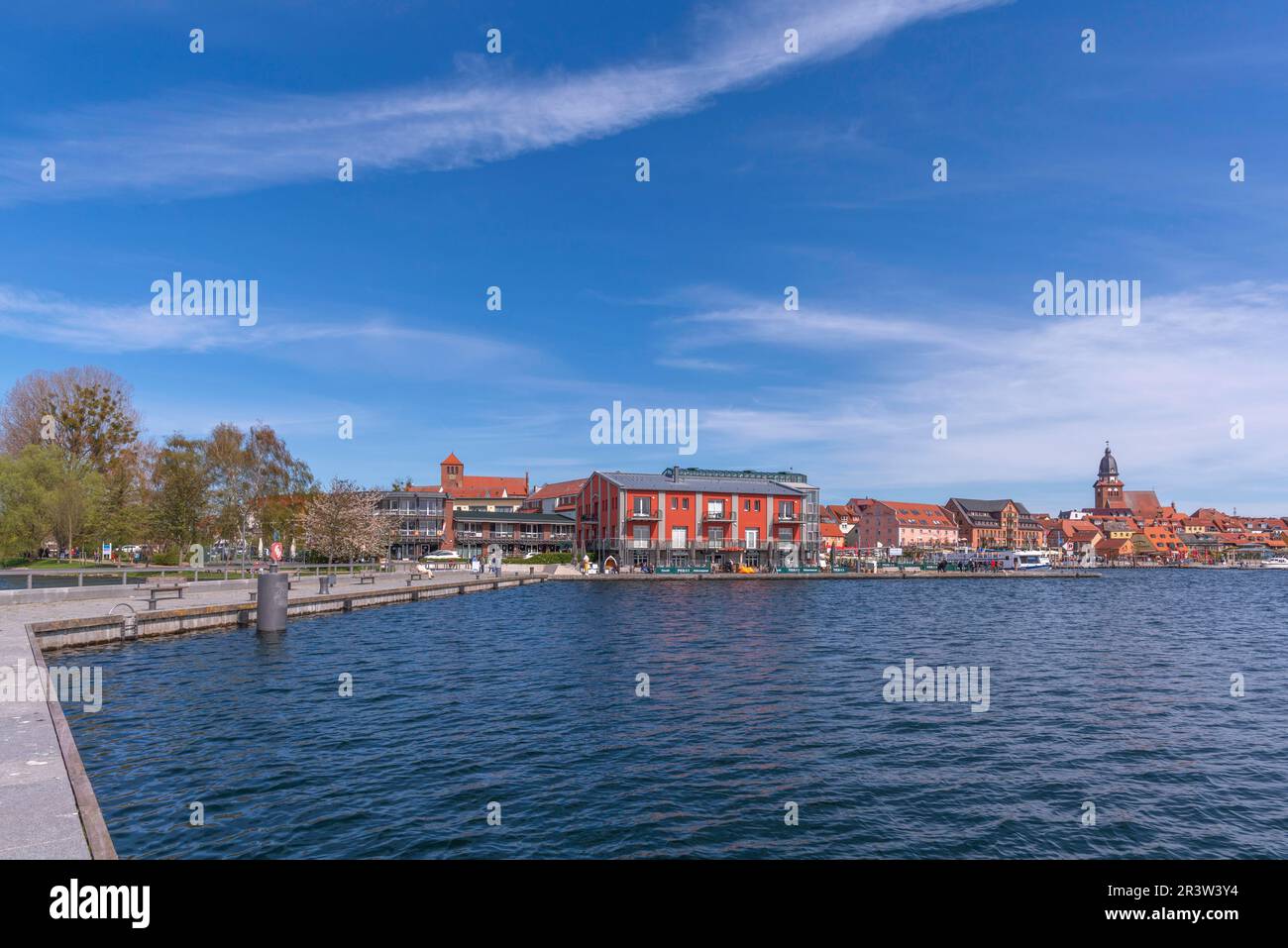 City harbour, Waren, St. George's Church, panorama, evening light, sky, Mecklemburg Lake District, old town, Mecklenburg-Western Pomerania, Germany Stock Photo