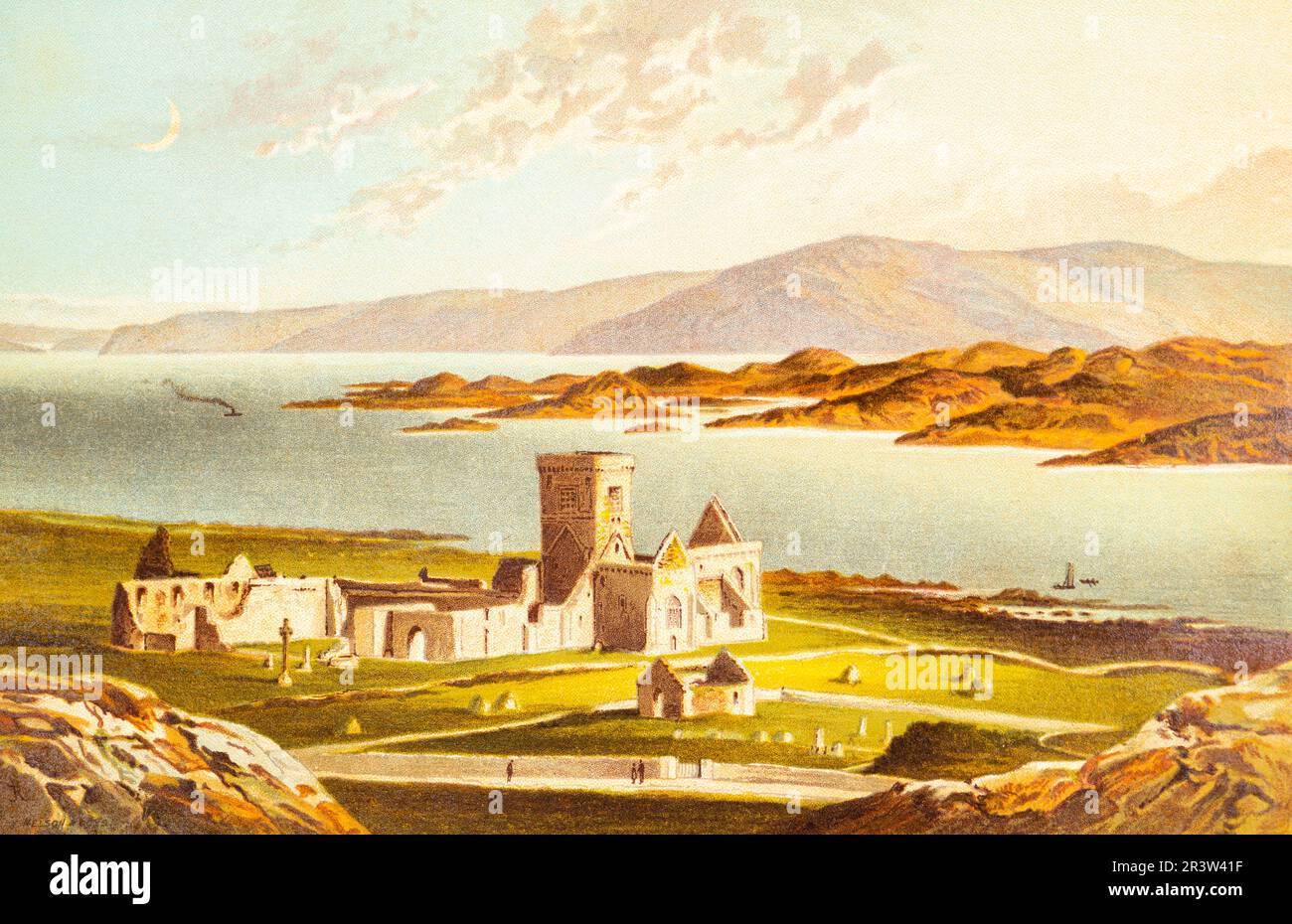 Isle of Iona, Inner Hebrides, church, monastery, ruin, Inner Hebrides, mountains, Christianity, Christianisation, cemetery, historical illustration Stock Photo