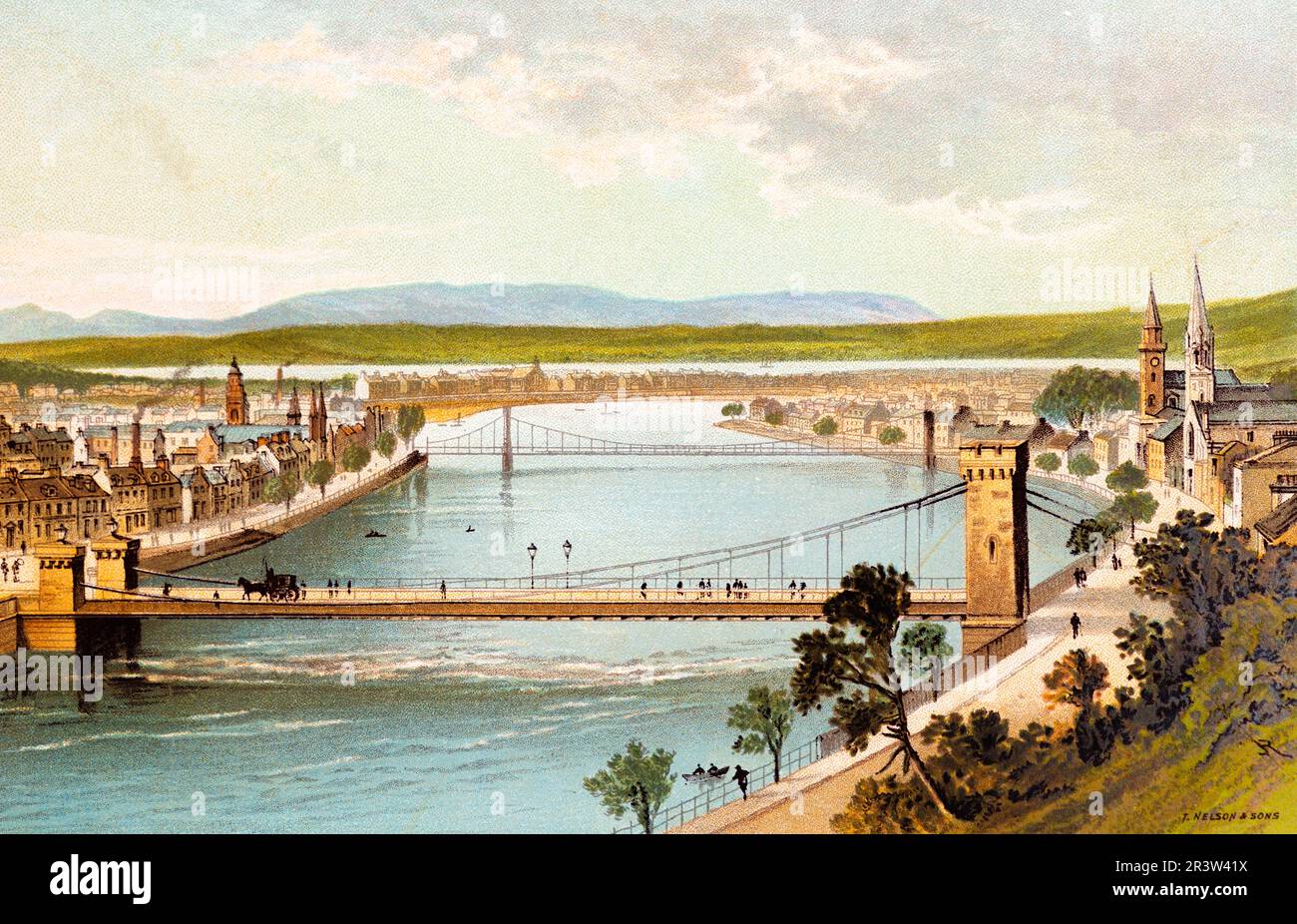 View from the castle, city view Inverness, Grampian Mountains, river