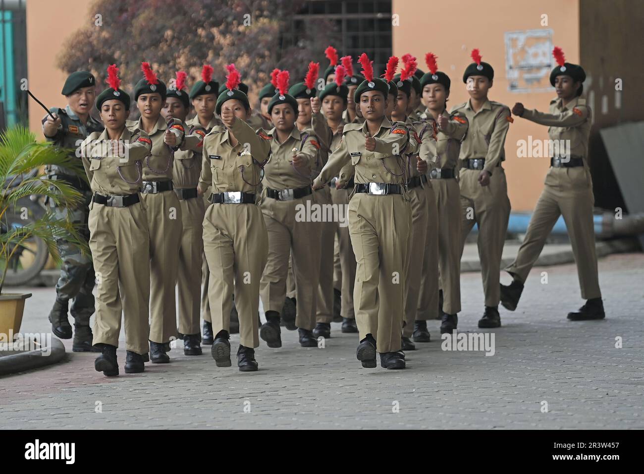 NCC cadets perform at a parade during the combined annual training camp in Netaji Subhash Regional Coaching Centre at Agartala. India. Stock Photo