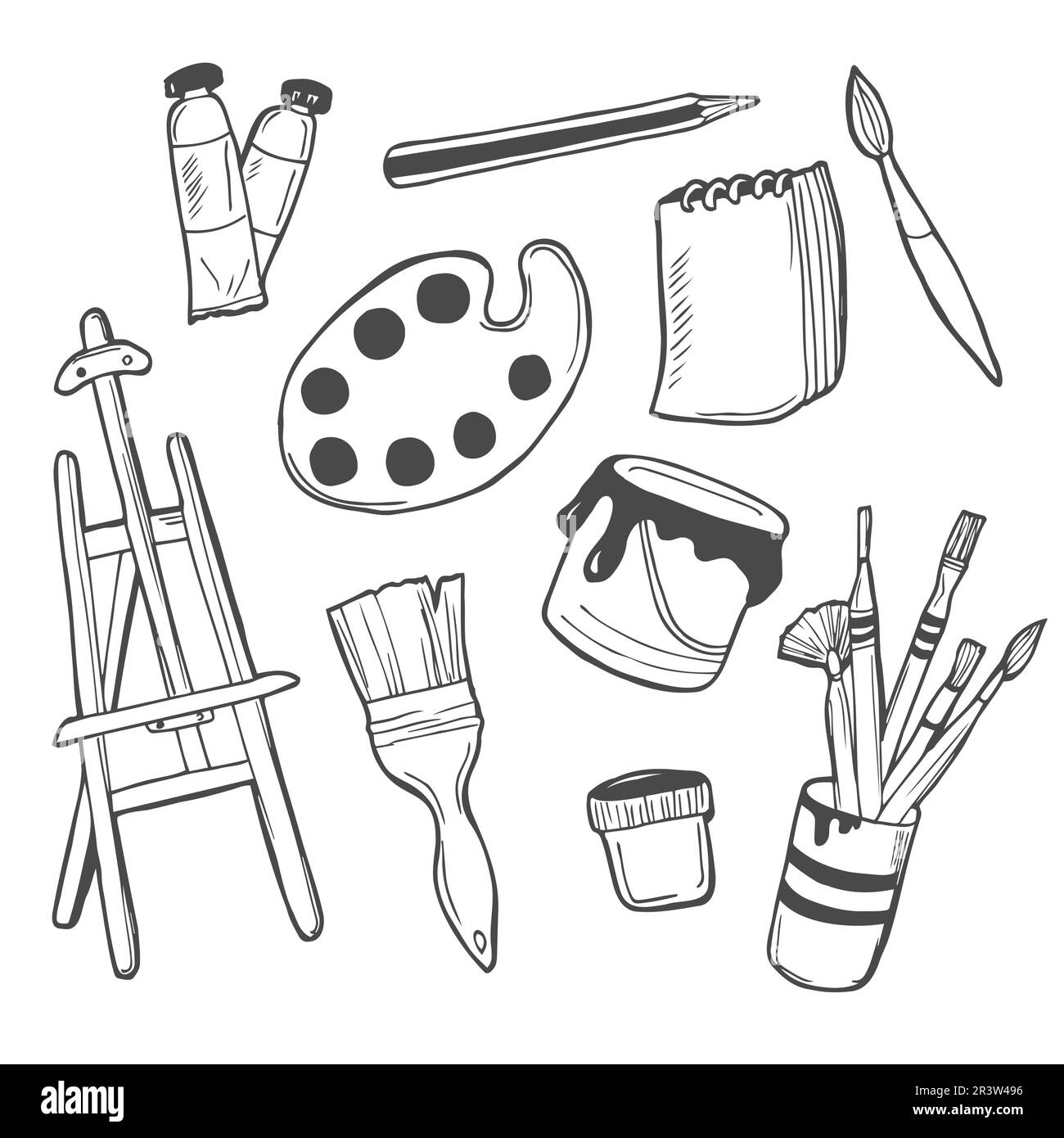 Drawing accessories outline vector set. Doodle color drawing supplies for  school and office with pen, pencil, ink, paintbrush, sketchbook, and others  Stock Vector Image & Art - Alamy
