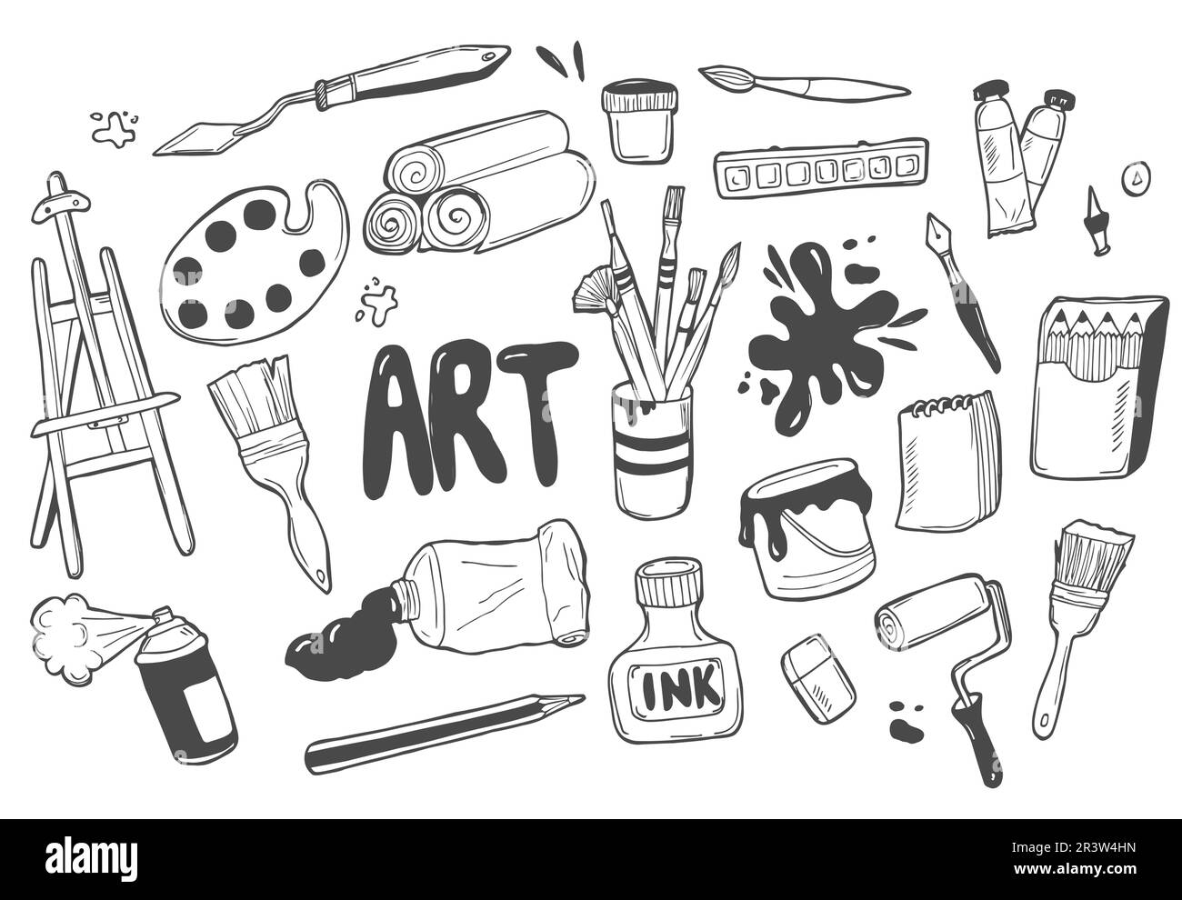 Hand drawn set of artist tools doodle. Art supplies in sketch