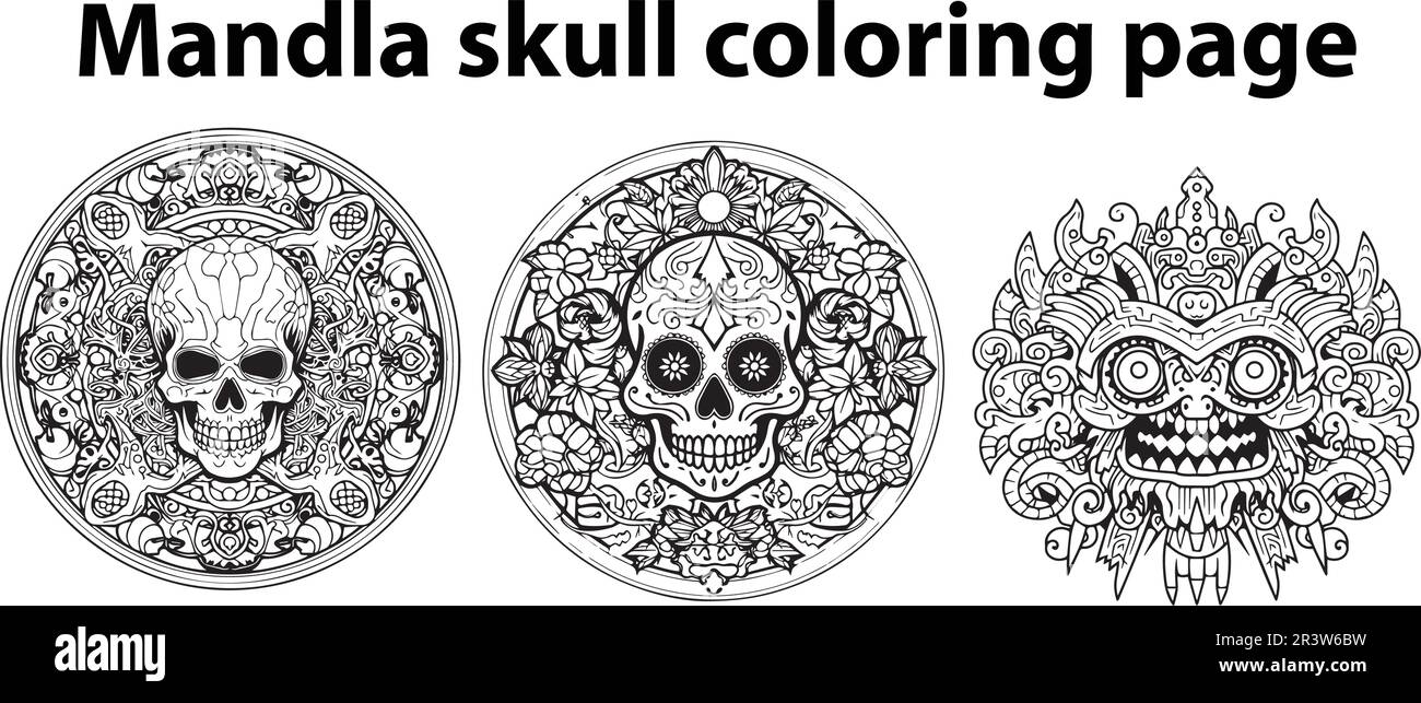A set of mandala skull coloring page vector design. Stock Vector