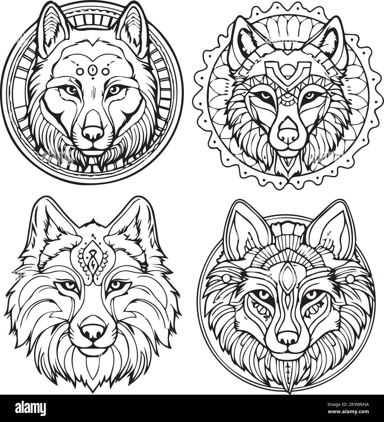 A set of wolf coloring page line art coloring page designs. Stock Vector