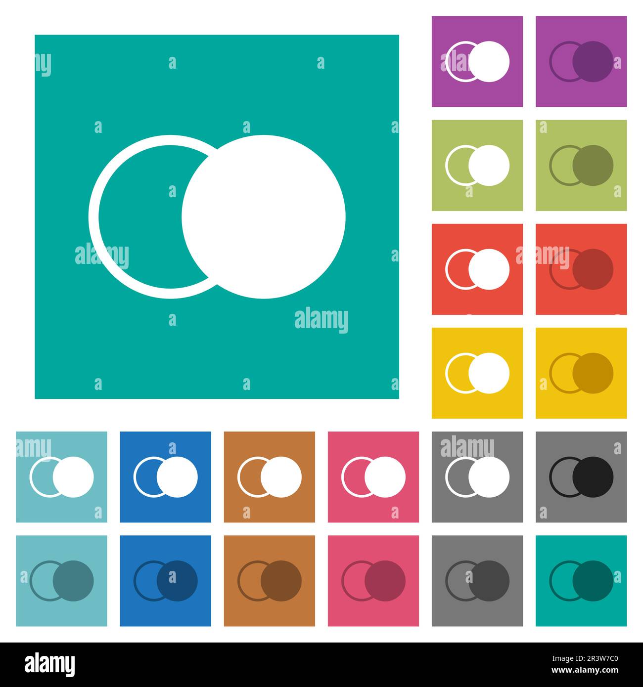 Overlapping elements multi colored flat icons on plain square backgrounds. Included white and darker icon variations for hover or active effects. Stock Vector