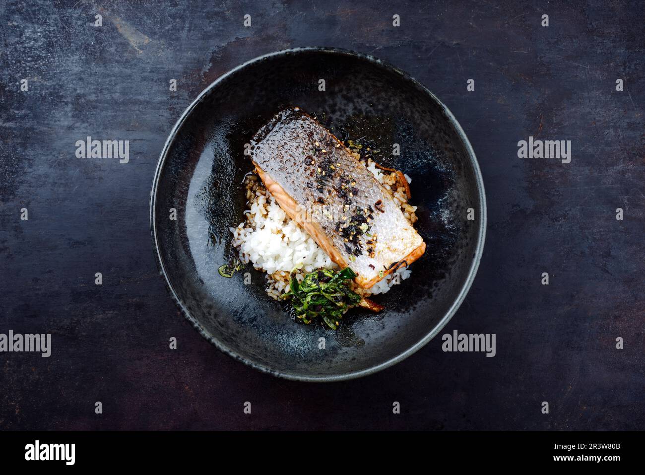 Traditional Japanese salmon fish teriyaki filet with koshihikari rice