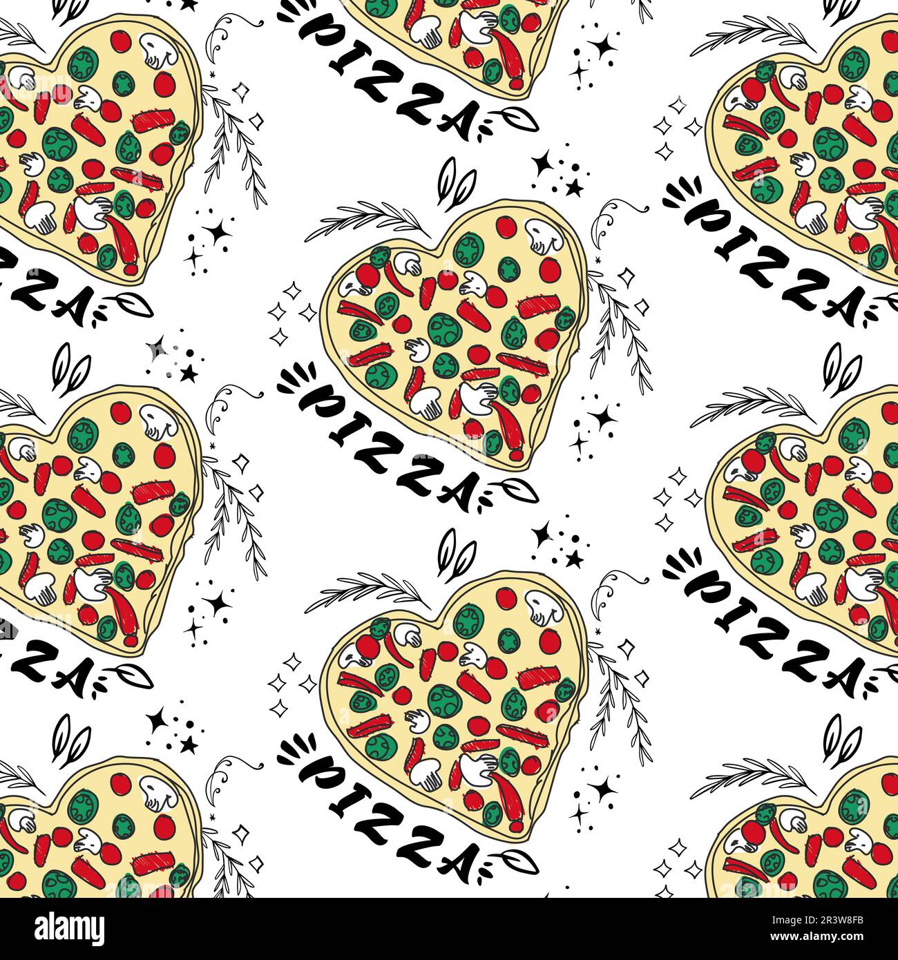 Seamless pizza pattern. Hand drawn pizza illustrations. Vector illustration. Stock Vector