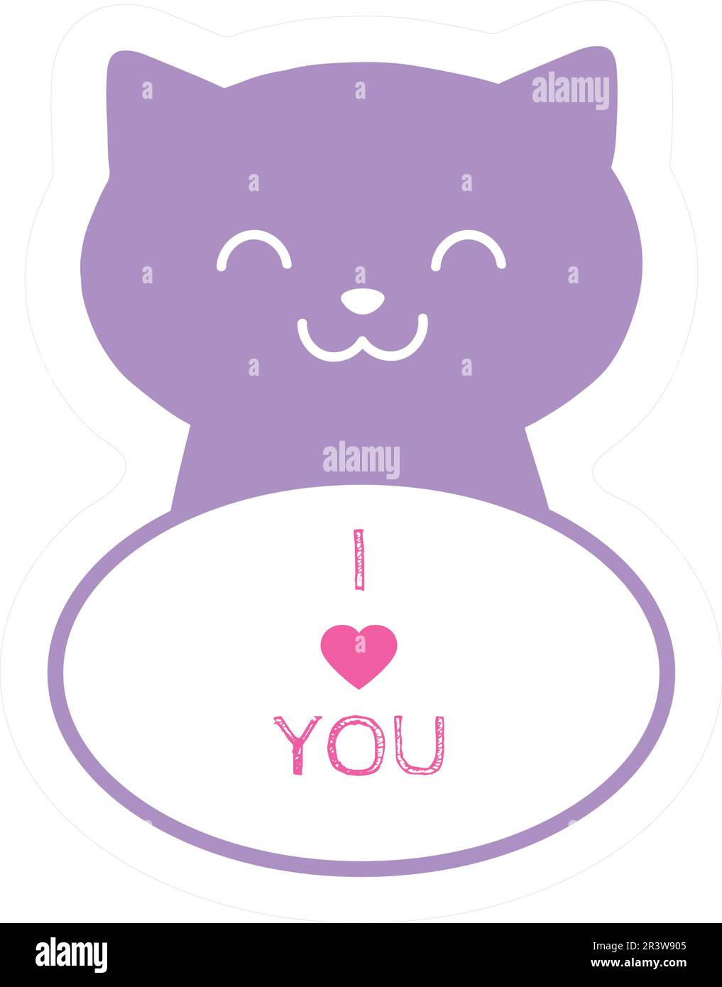 Cute purple cat sticker with phrase I love you isolated on white background. Suitable for love cards Stock Vector