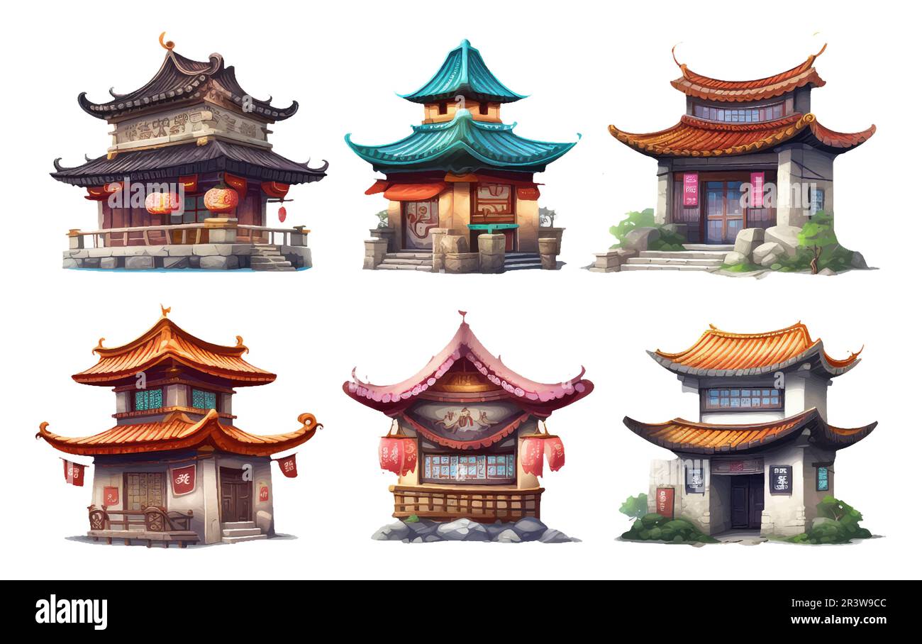ui set vector illustration of japanese house city exterior isolate on white background Stock Vector