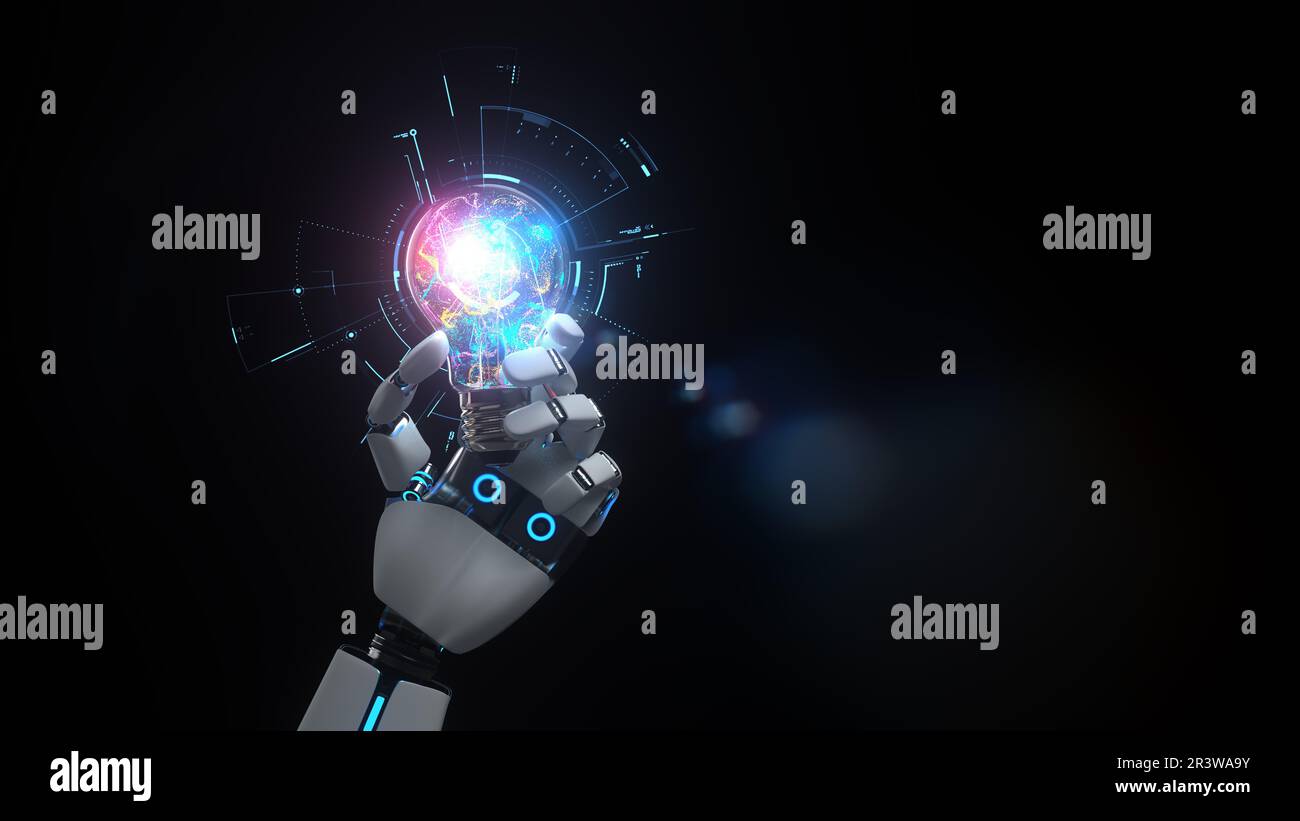 Humanoid Robot Hand Bulb, AI Creativity Stock Photo