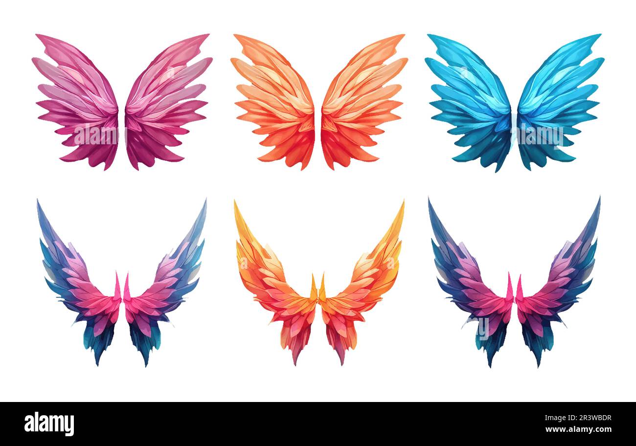 set vector illustration of magic colorful wings isolated on white background Stock Vector