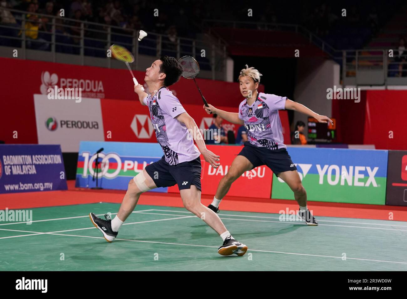 Indonesias Marcus Gideon and Kevin Sanjaya Sukamuljo play against Indias Satwiksairaj and Chirag Shetty during their mens doubles group play stage badminton match at the 2020 Summer Olympics, Monday, July 26, 2021,