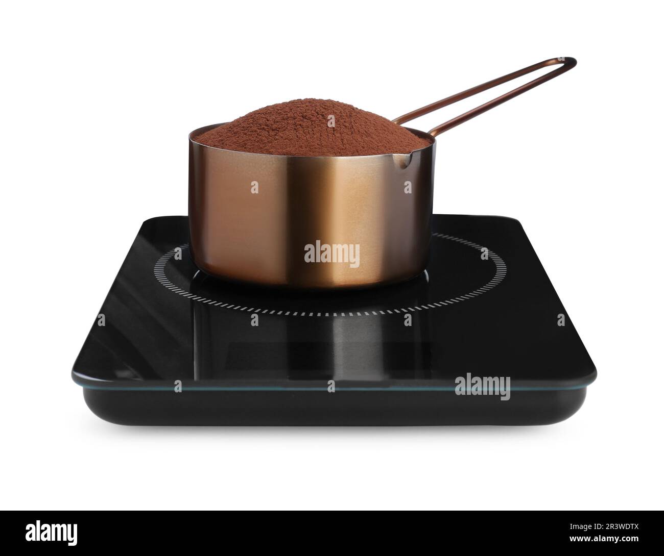 https://c8.alamy.com/comp/2R3WDTX/modern-kitchen-scale-with-saucepan-of-cocoa-powder-isolated-on-white-2R3WDTX.jpg