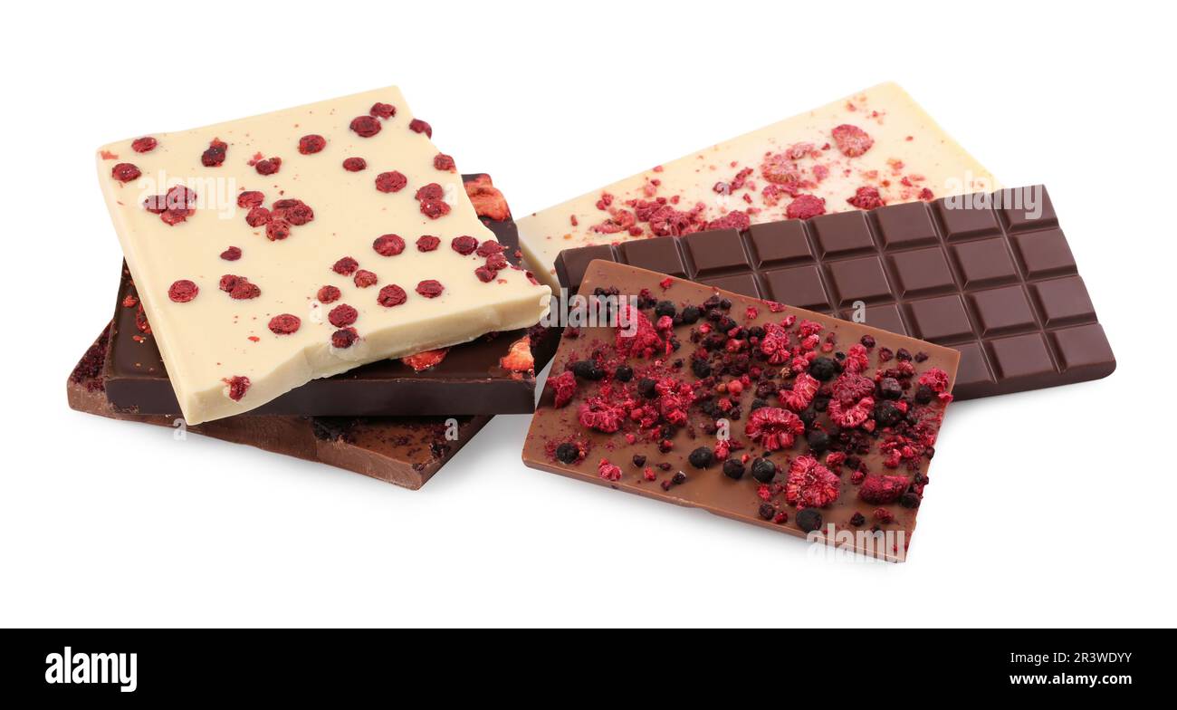 Chocolate bars with freeze dried berries on white background Stock ...