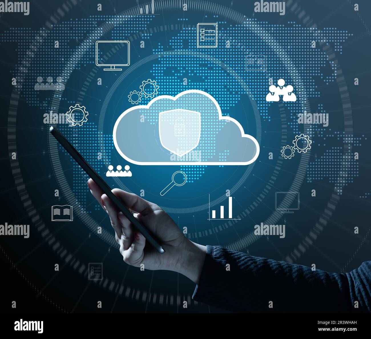 A woman's hand holds a smartphone against the background of icons, internet security, personal data protection Stock Photo