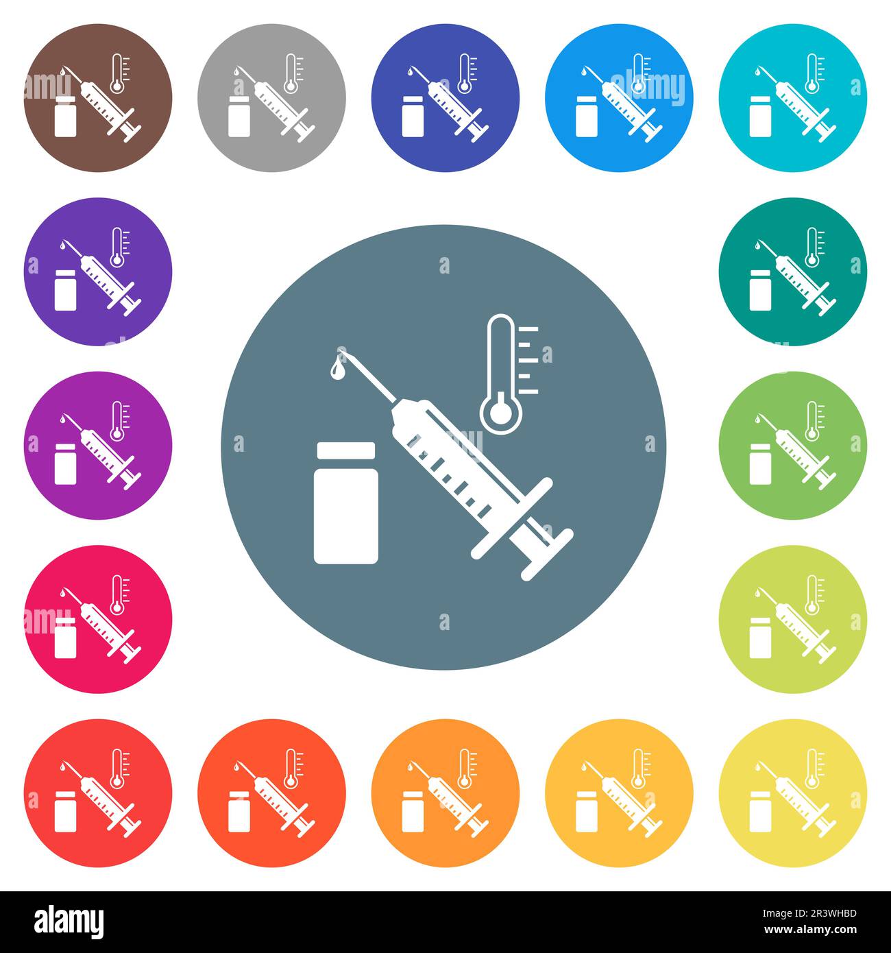 Vaccine storage temperature flat white icons on round color backgrounds ...