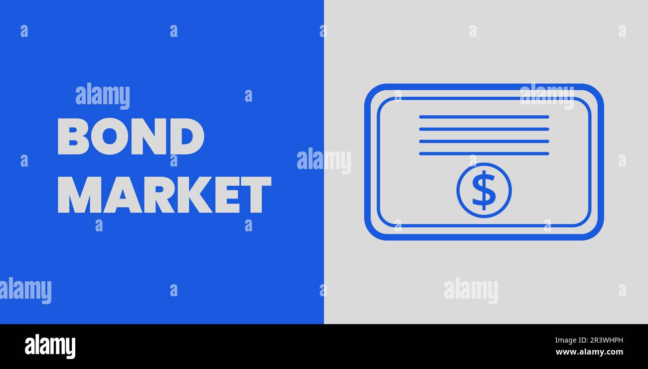 Bond Market Banner on Blue Background. Stylish Banner with White Text and Blue Icons for Business and Finance Stock Vector