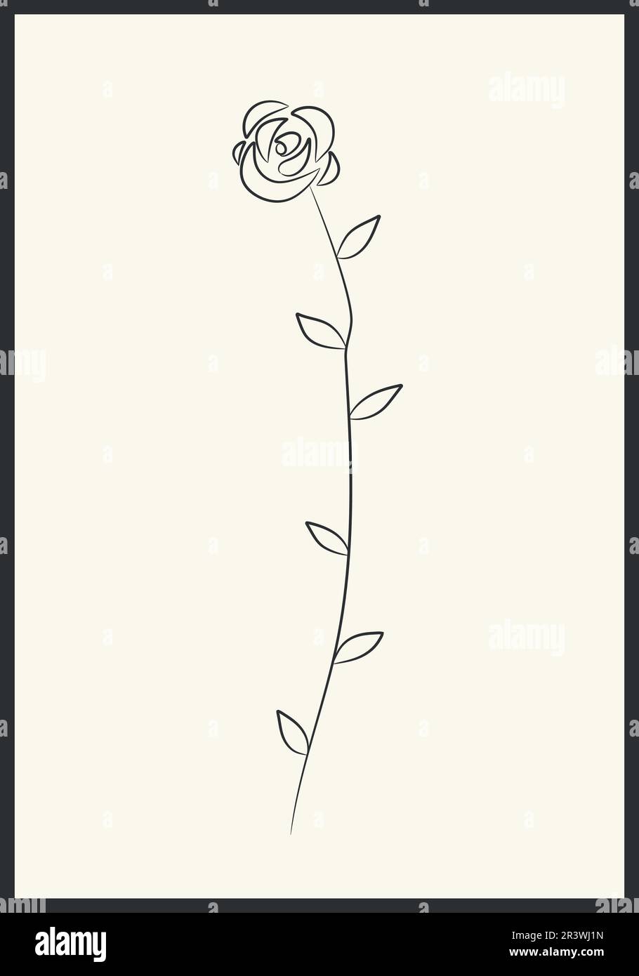 Hand drawn flower rose. Black line hand drawn floral element on beige ...