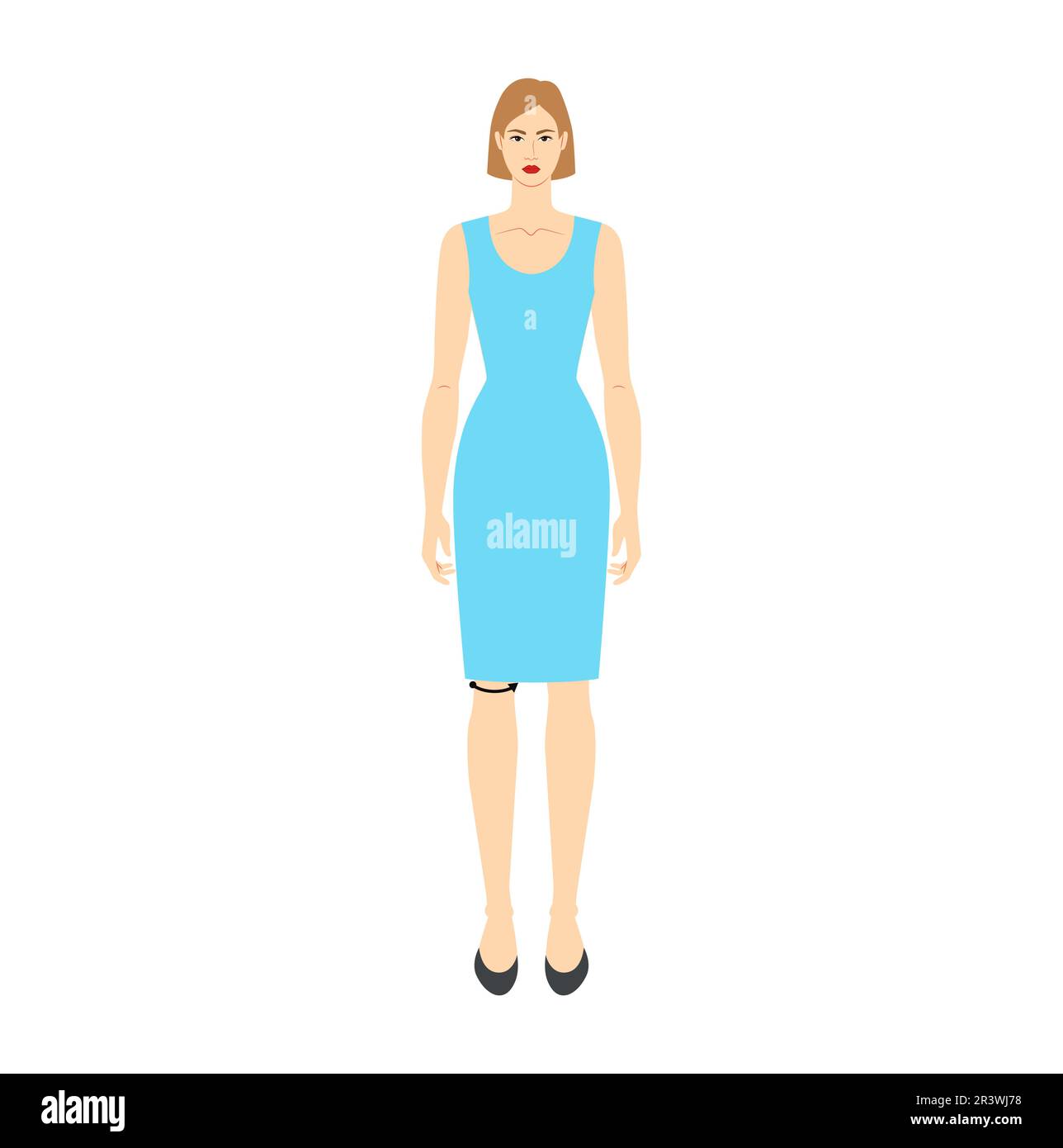 Women to do knee measurement body with arrows fashion Illustration for size chart. Flat female character front 8 head size girl in blue dress. Human lady infographic template for clothes Stock Vector
