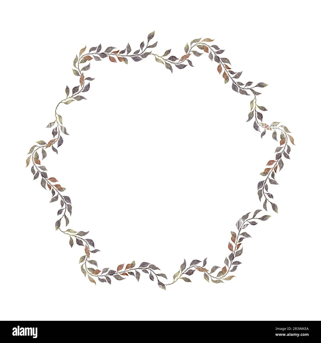 Round wreath with branches with leaves. Hand drawn watercolor illustration. Place for text is in the middle. Frame for print design, announcements Stock Photo