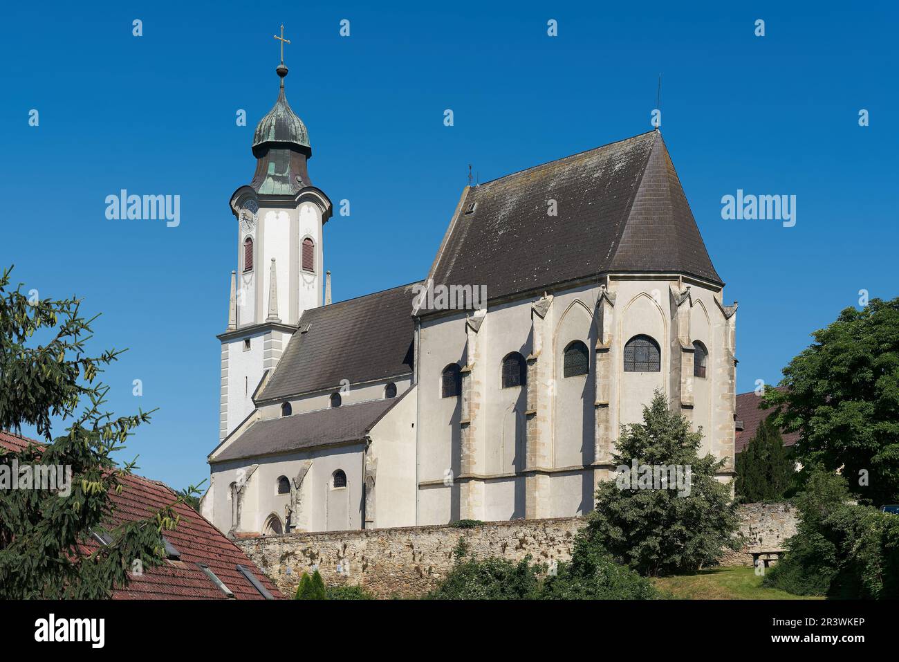 The parish church of St. Nicholas one of the sights high above, above the municipality of Emmersdorf Stock Photo