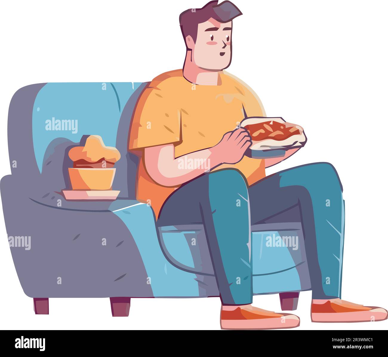 An adult sitting on a sofa eating an unhealthy snack Stock Vector Image
