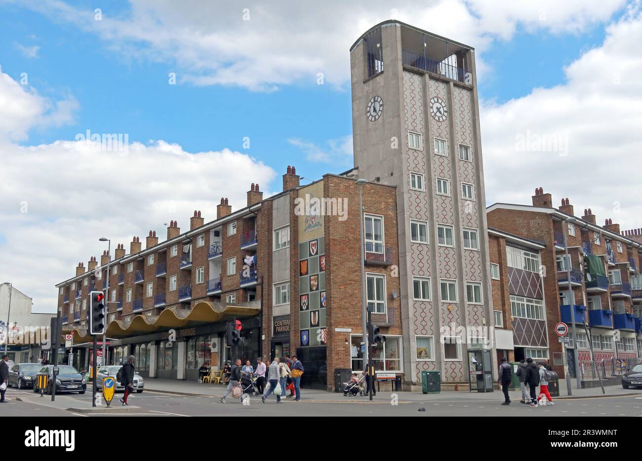 Central Parade flats and clock tower on Church Hill in Walthamstow, East London, a distinctive interwar residential building combining #SocialHousing Stock Photo