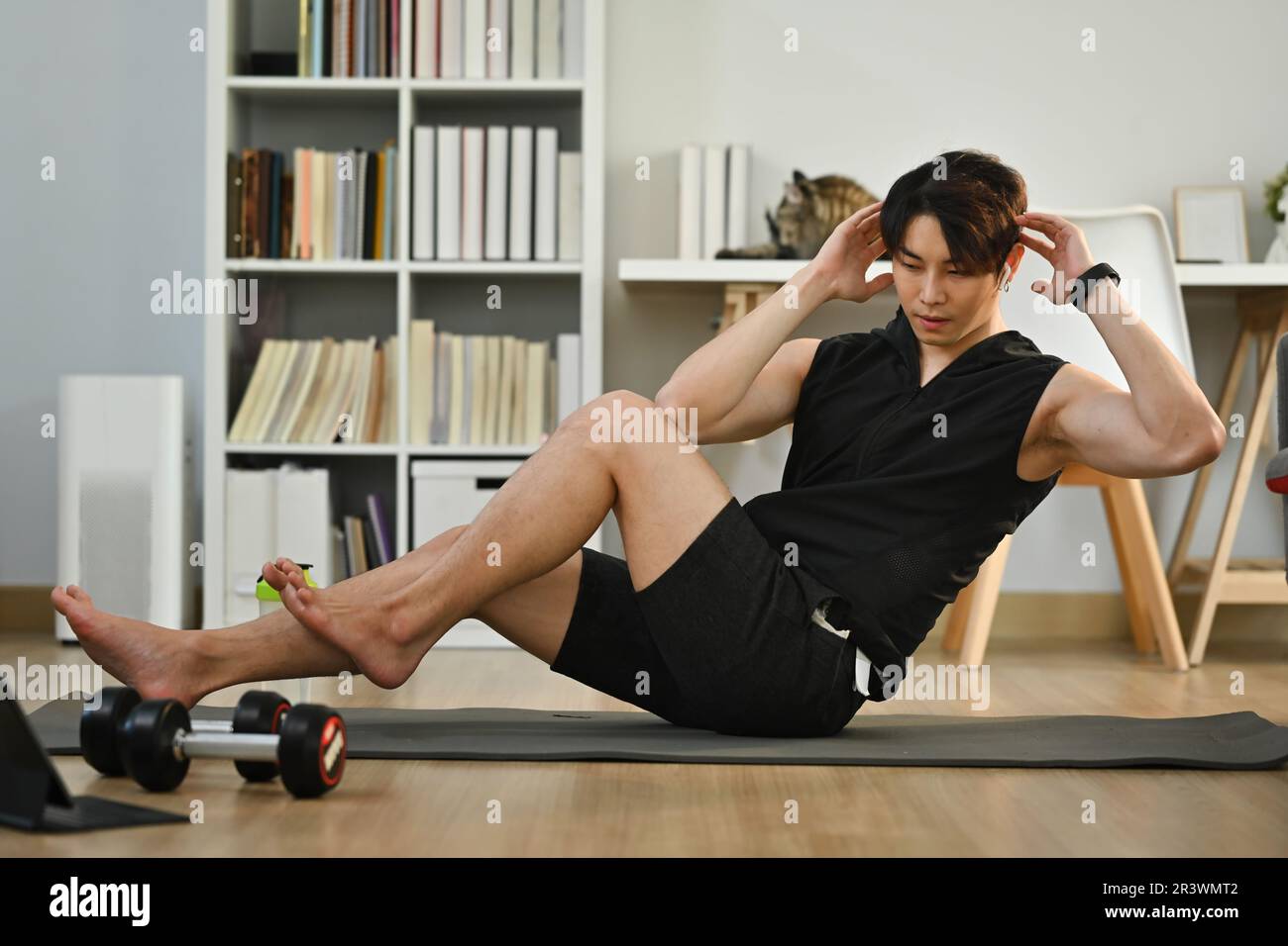 Sporty attractive man doing abdominal sit ups on mat at home. Fitness, training and healthy lifestyle concept Stock Photo