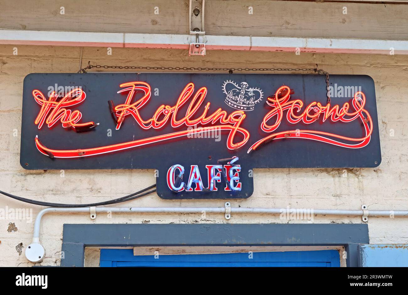 Neon sign for The Rolling Scones Cafe at God’s Own Junkyard in Walthamstow,East London, an independent café operating within the famous neon art venue Stock Photo