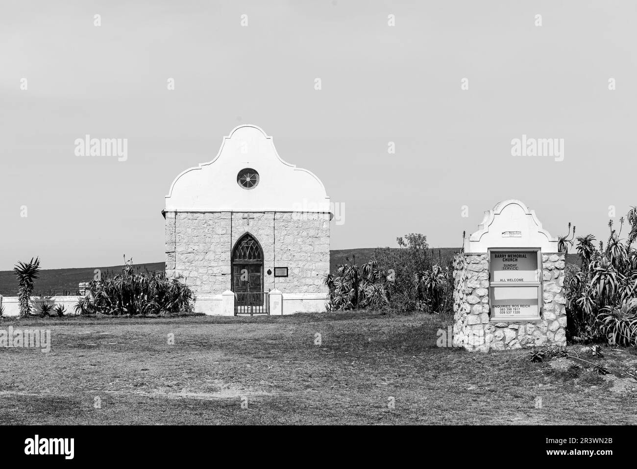 Witsand, South Africa - Sep 24, 2022: Front view of the historic Barry Memorial Church, in Port Beaufort at Witsand in the Western Cape Province. Mono Stock Photo