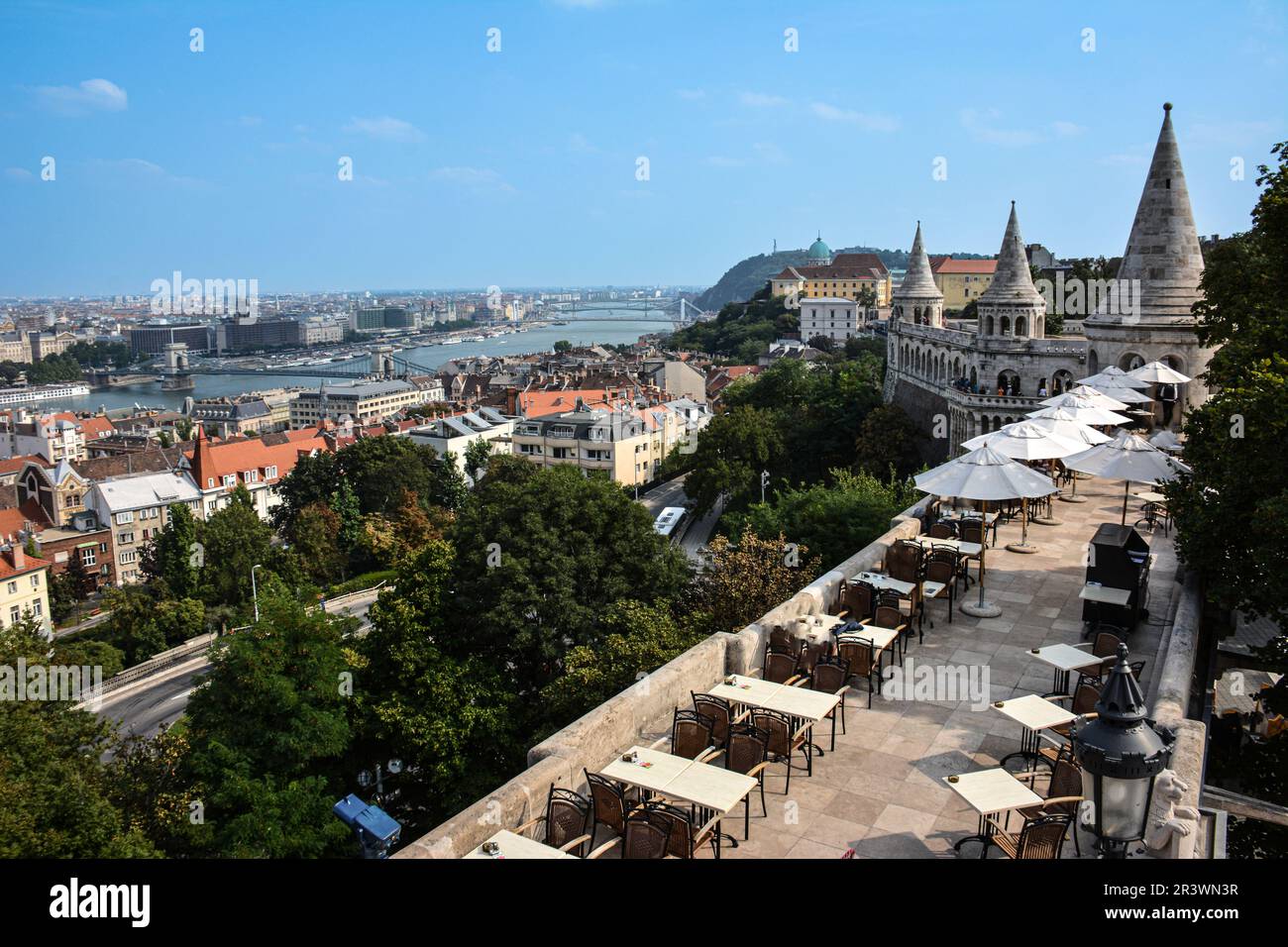 Terrace and Towers of the Fisherman's Bastion with a View to the Danube River - Budapest, Hungary Stock Photo