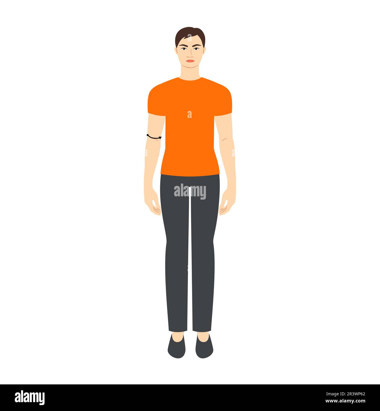 Men to do elbow measurement body with arrows fashion Illustration for size chart. Flat male character front 8 head size boy in orange shirt. Human gentlemen infographic template for clothes Stock Vector