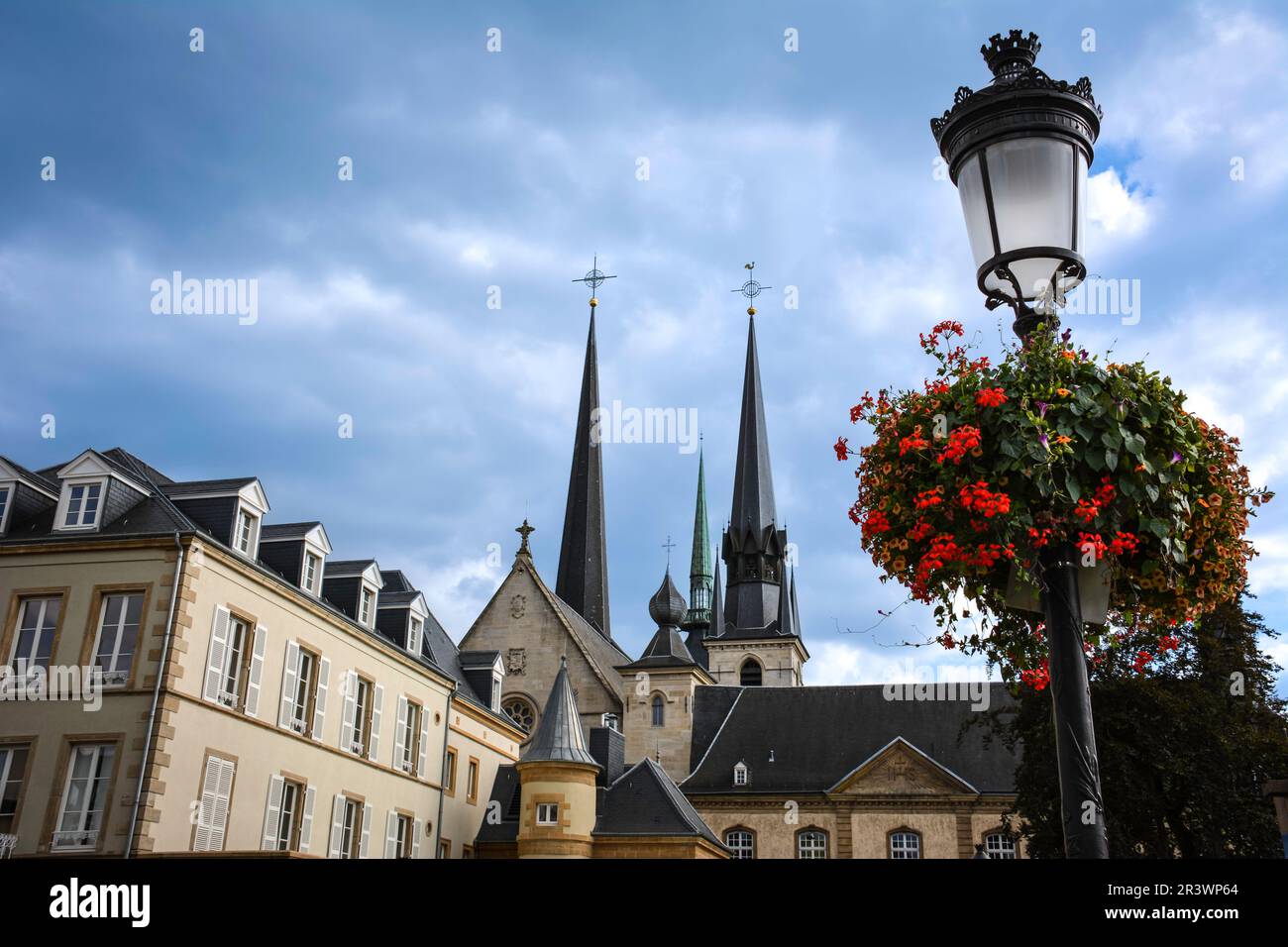 View of Notre-Dame Cathedral Spires from Place Guilhaume II - Luxembourg City Stock Photo