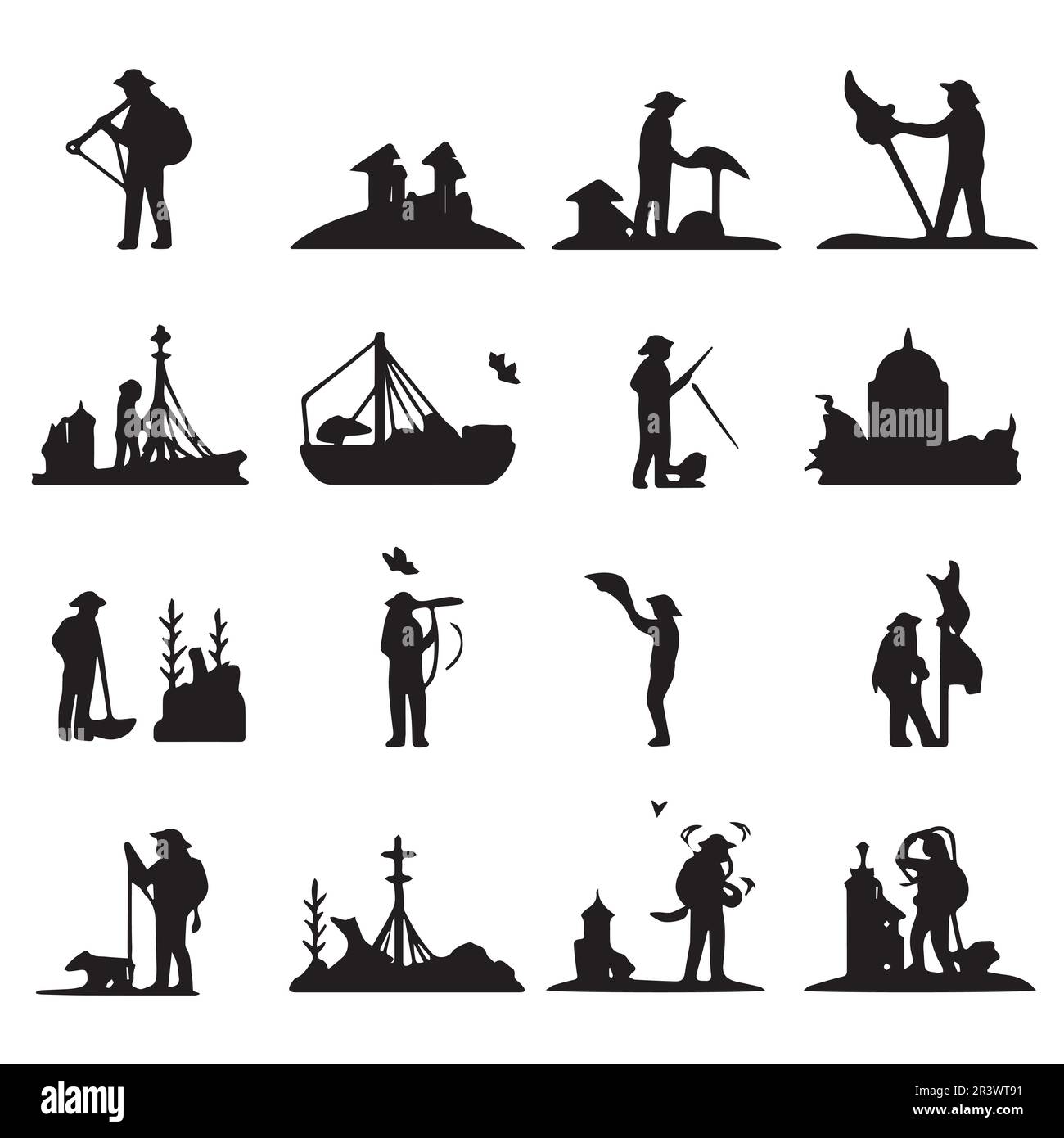 Silhouettes of people working on a boat and a tower vector. Stock Vector