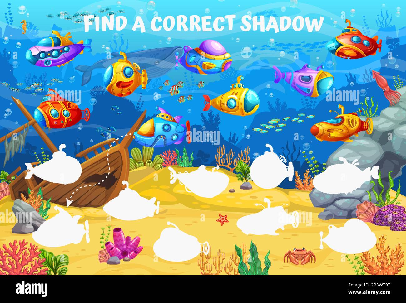 Cartoon underwater landscape with submarine and bathyscaphe. Find a