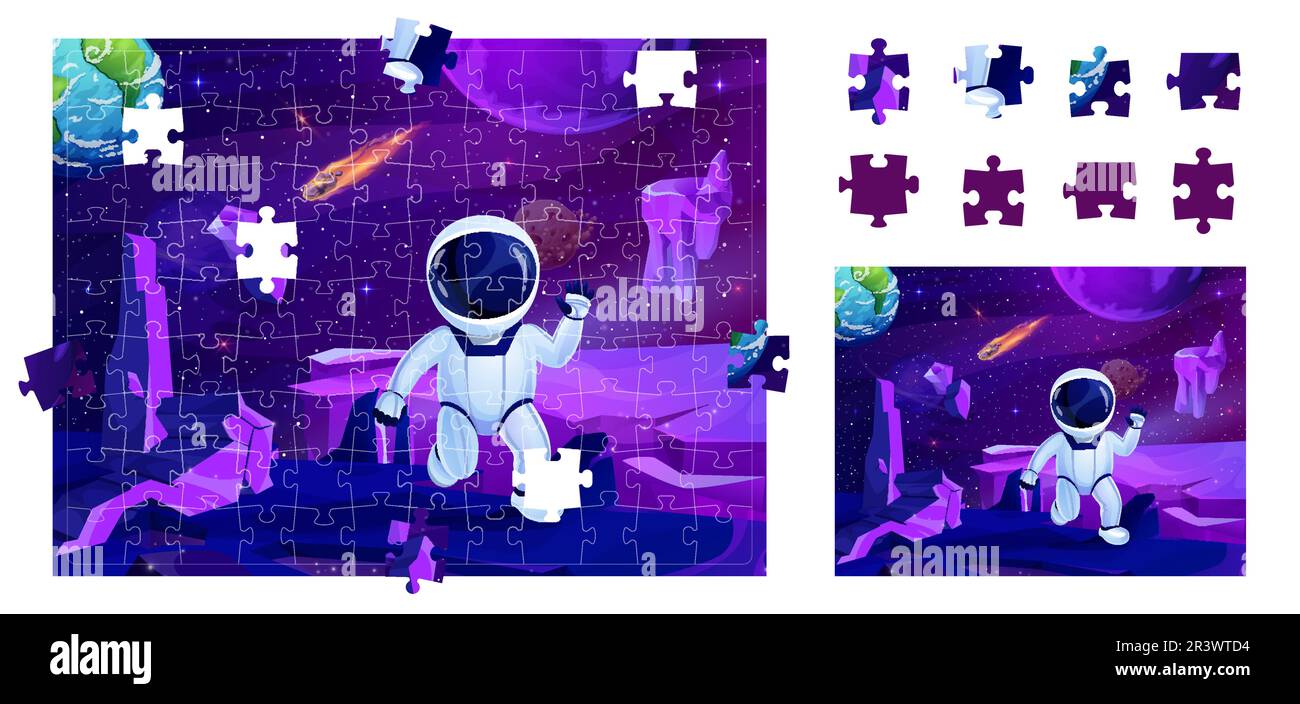 Cartoon space jigsaw puzzle game pieces. Astronaut on surface