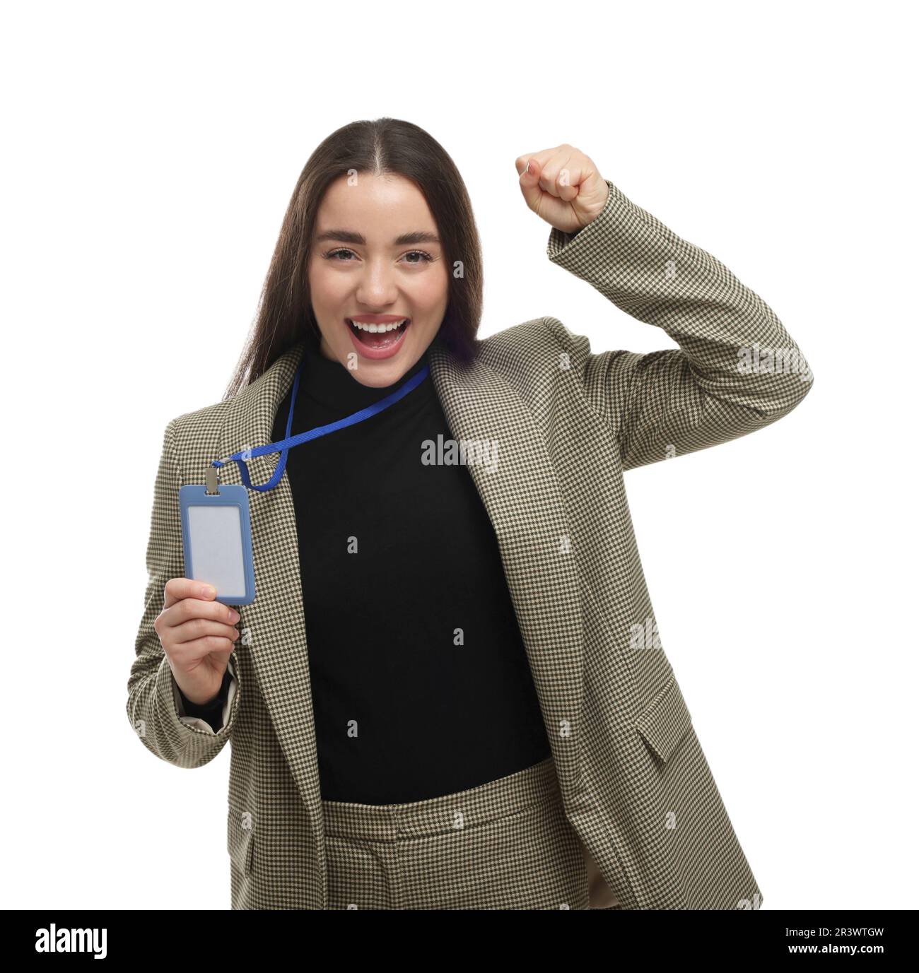 Excited woman with vip pass badge on white background Stock Photo - Alamy