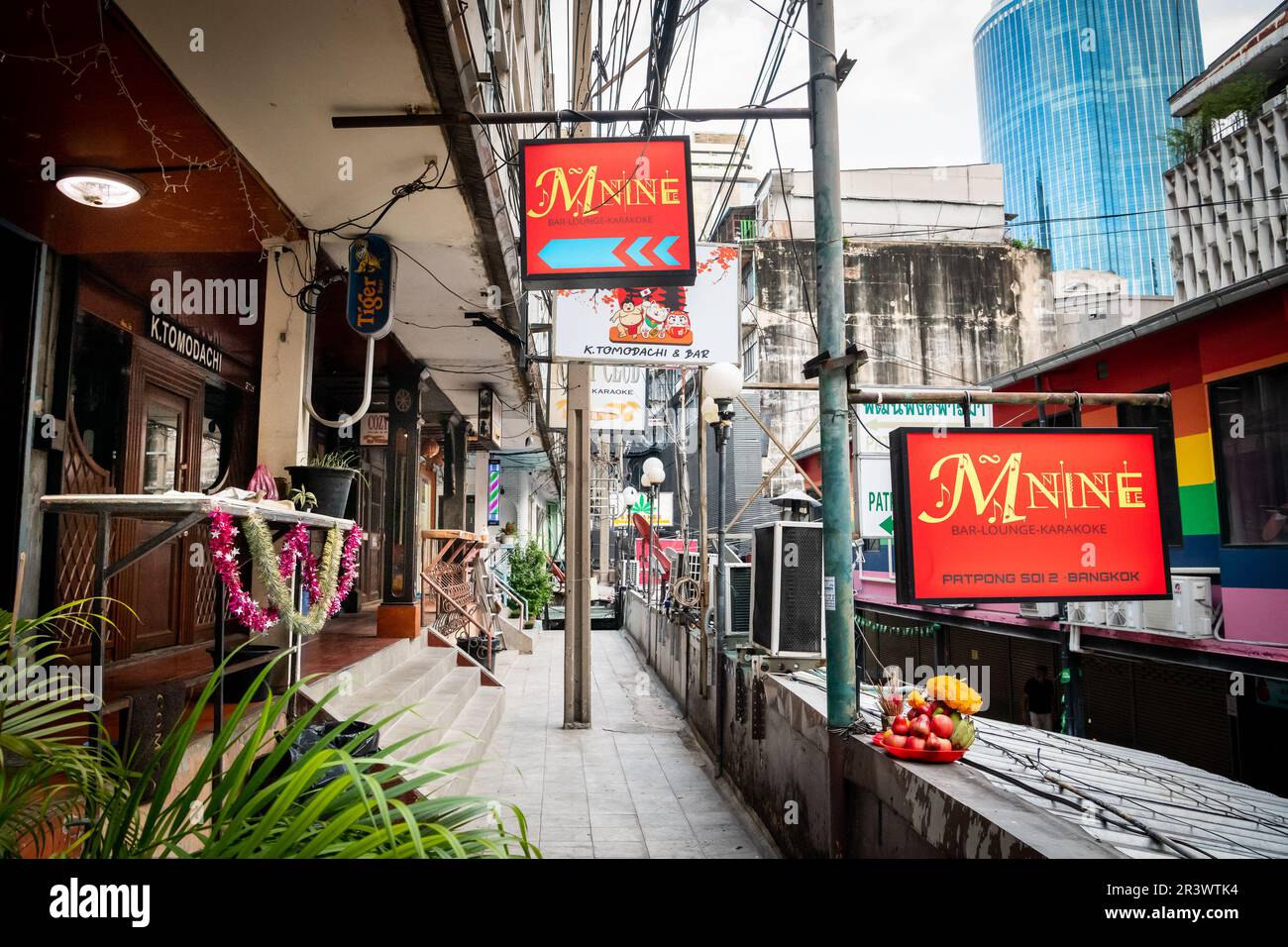 View of the upper level of small bars on Soi 2 Patpong Bangkok Thailand. This area is the oldest