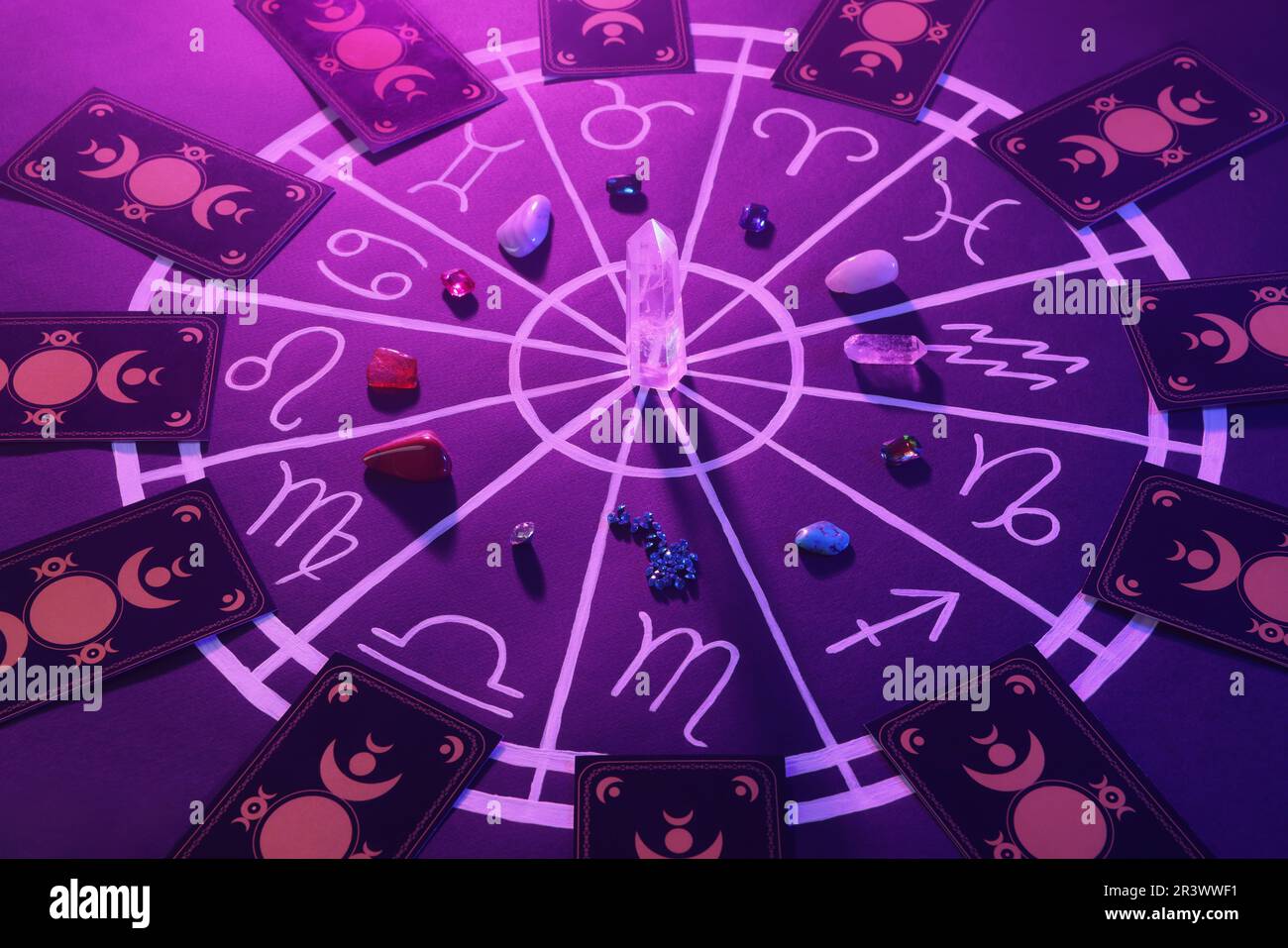 Natural stones for zodiac signs, tarot cards and drawn astrology chart
