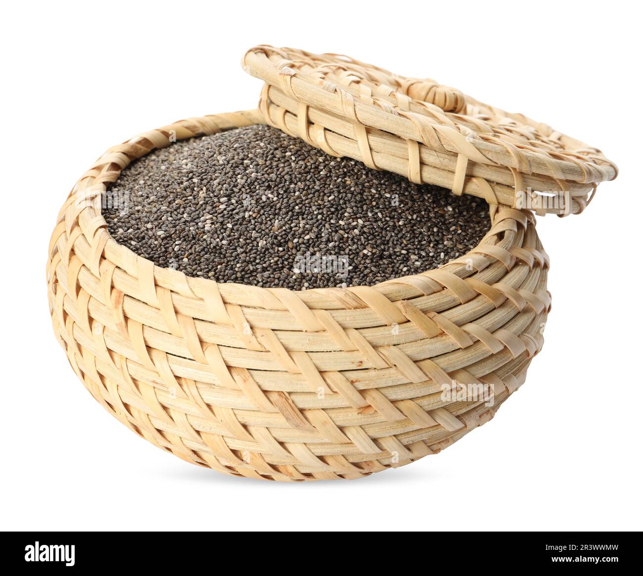 Wicker box with chia seeds on white background Stock Photo