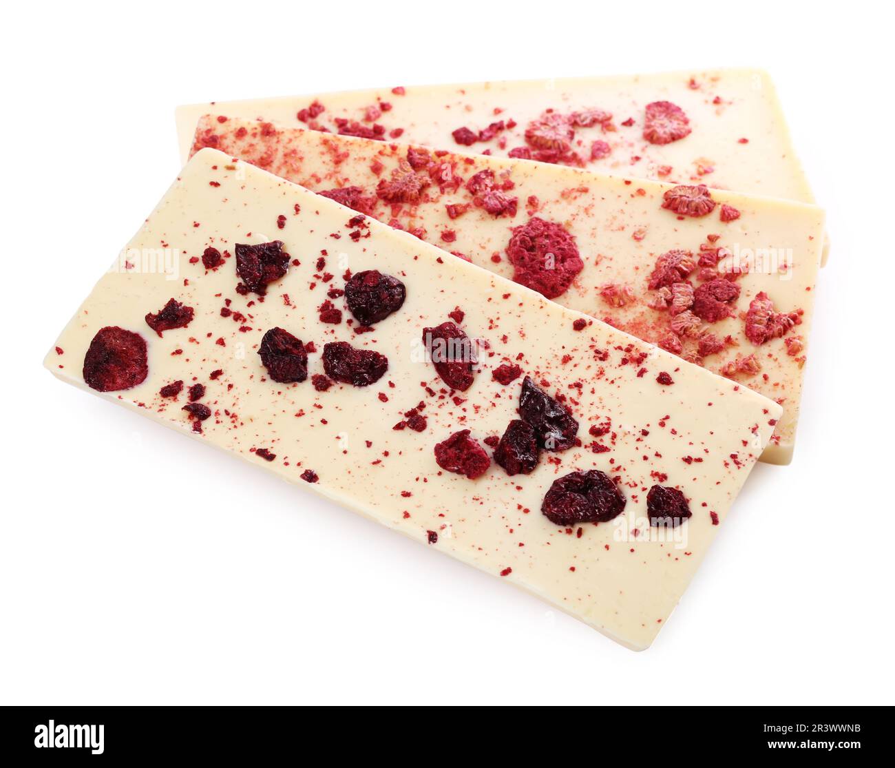 Chocolate bars with freeze dried berries on white background Stock ...