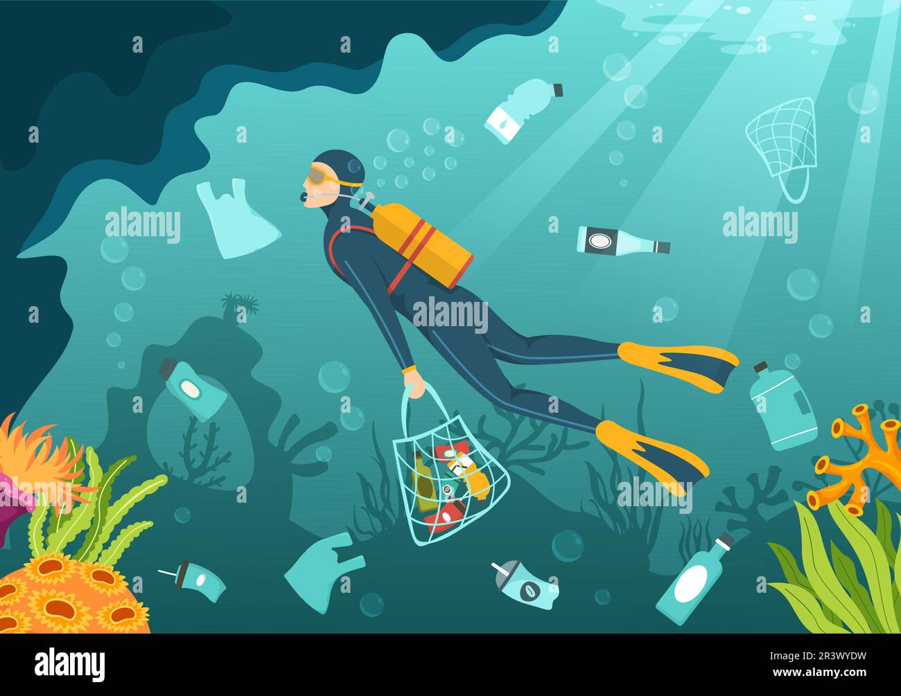 Stop Ocean Plastic Pollution Vector Illustration with Trash Under the Sea like a Waste Bag, Garbage and Bottle in Flat Cartoon Hand Drawn Templates Stock Vector