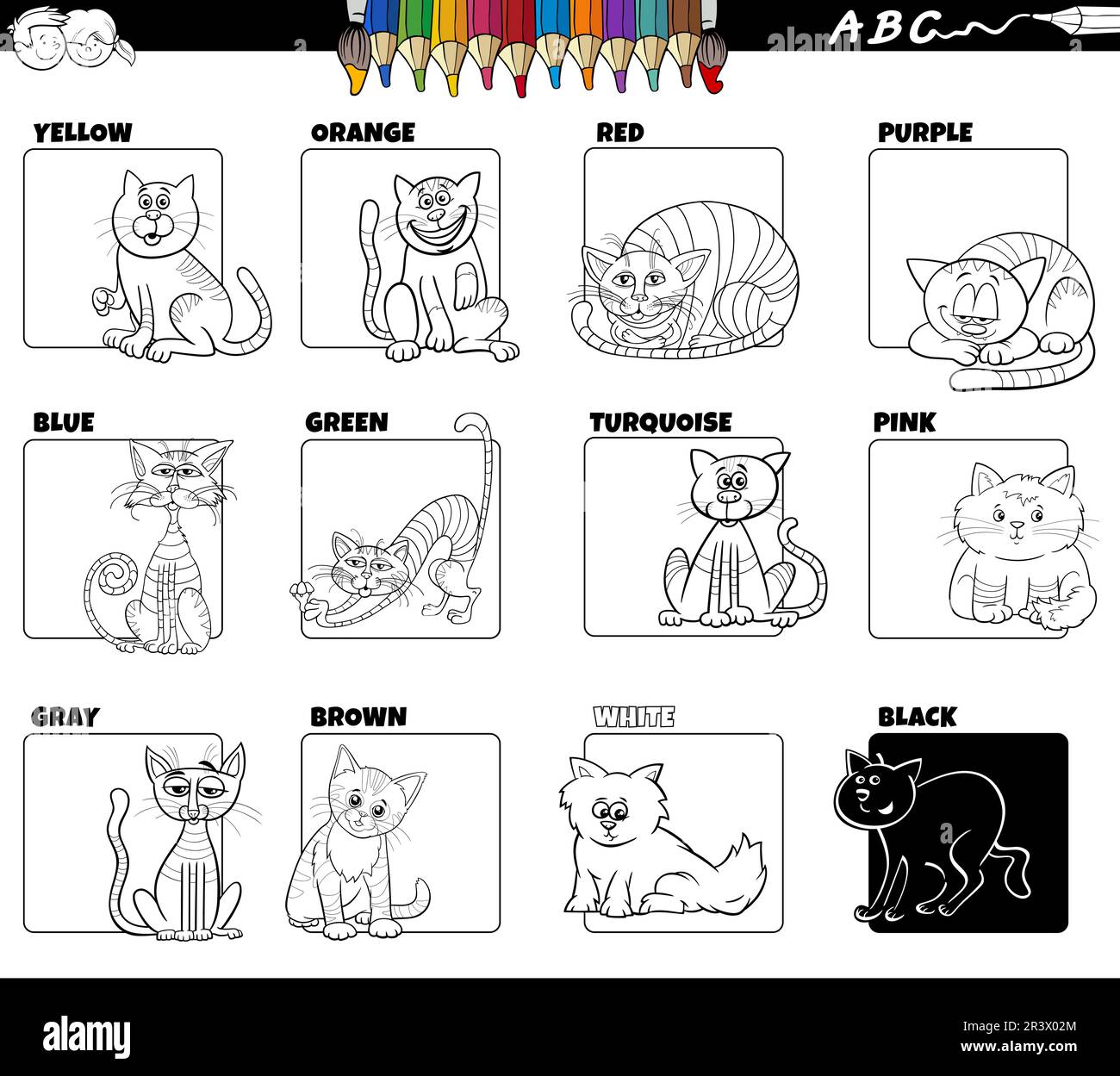 Basic colors with cats characters set coloring page Stock Photo