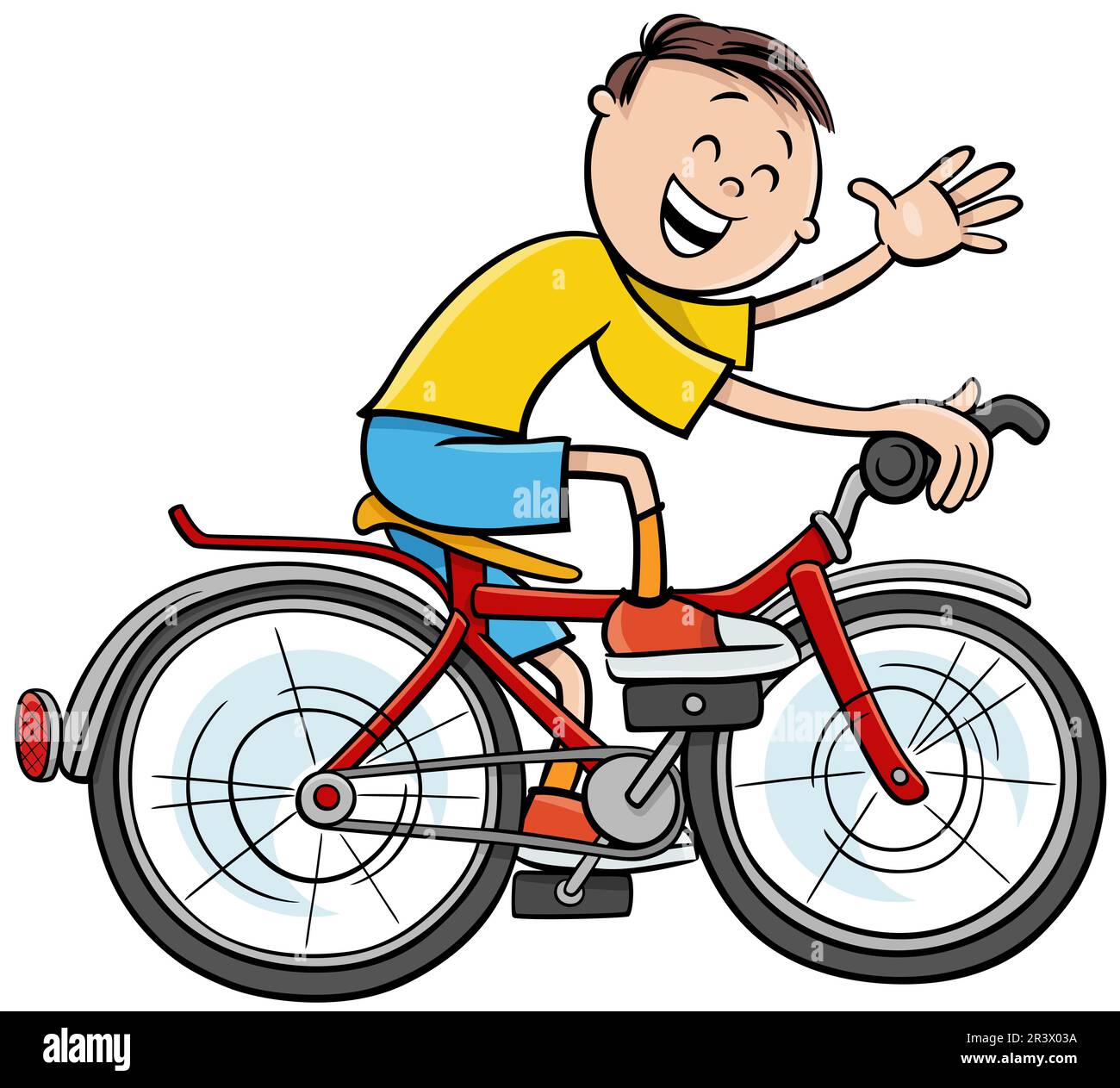 Happy cartoon boy character riding a bicycle Stock Photo - Alamy